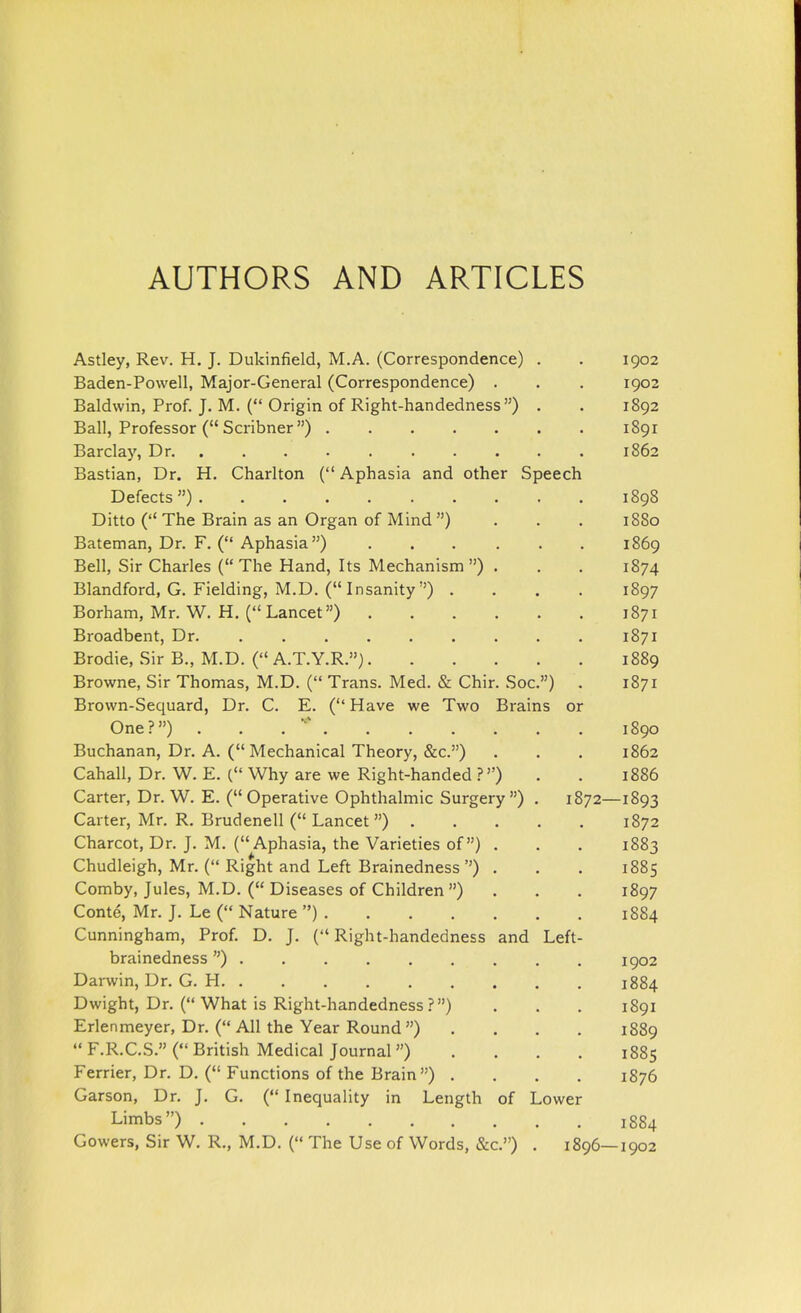 AUTHORS AND ARTICLES Astley, Rev. H. J. Dukinfield, M.A. (Correspondence) . . 1902 Baden-Powell, Major-General (Correspondence) . . . 1902 Baldwin, Prof. J. M. ( Origin of Right-handedness) . . 1892 Ball, Professor (Scribner) 1891 Barclay, Dr 1862 Bastian, Dr. H. Charlton ( Aphasia and other Speech Defects) 1898 Ditto ( The Brain as an Organ of Mind) . . . 1880 Bateman, Dr. F. ( Aphasia) 1869 Bell, Sir Charles ( The Hand, Its Mechanism ) . . . 1874 Blandford, G. Fielding, M.D. (Insanity) .... 1897 Borham, Mr. W. H, (Lancet) 1871 Broadbent, Dr 1871 Brodie, Sir B., M.D. ( A.T.Y.R.) 1889 Browne, Sir Thomas, M.D. ( Trans. Med. & Chir. Soc) . 1871 Brown-Sequard, Dr. C. E. (Have we Two Brains or One?) . . . 1890 Buchanan, Dr. A. ( Mechanical Theory, &c.) . . . 1862 Cahall, Dr. W. E. ( Why are we Right-handed ?) . . 1886 Carter, Dr. W. E. (Operative Ophthalmic Surgery) . 1872—1893 Carter, Mr. R. Brudenell ( Lancet ) 1872 Charcot, Dr. J. M. (Aphasia, the Varieties of) . . . 1883 Chudleigh, Mr. ( Right and Left Brainedness ) . . . 1885 Comby, Jules, M.D. ( Diseases of Children ) . . . 1897 Conte, Mr. J. Le ( Nature ) 18S4 Cunningham, Prof. D. J. ( Right-handedness and Left- brainedness ) 1902 Darwin, Dr. G. H 1884 Dwight, Dr. ( What is Right-handedness?) . . . 1891 Erlenmeyer, Dr. ( All the Year Round ) .... 1889  F.R.C.S. ( British Medical Journal) .... 1885 Ferrier, Dr. D. ( Functions of the Brain ) .... 1876 Garson, Dr, J. G. ( Inequality in Length of Lower Limbs) 1884 Gowers, Sir W. R., M.D. ( The Use of Words, &c.) . 1896—1902