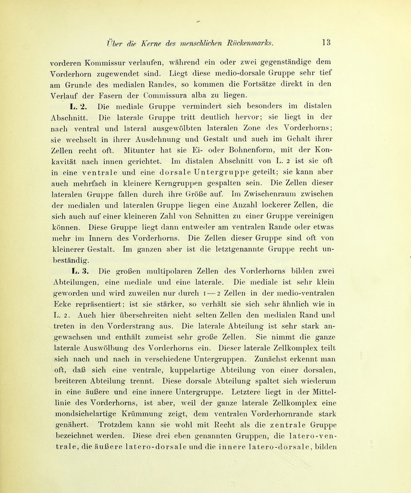 vorderen Kommissur verlaufen, während ein oder zwei gegenständige dem Vorderhorn zugewendet sind. Liegt diese medio-dorsale Gruppe sehr tief am Grunde des medialen Randes, so kommen die Fortsätze direkt in den Verlauf der Fasern der Commissura alba zu liegen. L. 2. Die mediale Gruppe vermindert sich besonders im distalen Abschnitt. Die laterale Gruppe tritt deutlich hervor; sie liegt in der nach ventral und lateral ausgewölbten lateralen Zone des Vorderhorns; sie wechselt in ihrer Ausdehnung und Gestalt und auch im Gehalt ihrer Zellen recht oft. Mitunter hat sie Ei- oder Bohnenform, mit der Kon- kavität nach innen gerichtet. Im distalen Abschnitt von L. 2 ist sie oft in eine ventrale und eine dorsale Untergruppe geteilt; sie kann aber auch mehrfach in kleinere Kerngruppen gespalten sein. Die Zellen dieser lateralen Gruppe fallen durch ihre Größe auf. Im Zwischenraum zwischen der medialen und lateralen Gruppe liegen eine Anzahl lockerer Zellen, die sich auch auf einer kleineren Zahl von Schnitten zu einer Gruppe vereinigen können. Diese Gruppe liegt dann entweder am ventralen Rande oder etwas mehr im Innern des Vorderhorns. Die Zellen dieser Gruppe sind oft von kleinerer Gestalt. Im ganzen aber ist die letztgenannte Gruppe recht un- beständig. L. 3. Die großen multipolaren Zellen des Vorderhorns bilden zwei Abteilungen, eine mediale und eine laterale. Die mediale ist sehr klein geworden und wird zuweilen nur durch 1 — 2 Zellen in der medio-ventralen Ecke repräsentiert; ist sie stärker, so verhält sie sich sehr ähnlich wie in L. 2. Auch hier überschreiten nicht selten Zellen den medialen Rand und treten in den Vorderstrang aus. Die laterale Abteilung ist sehr stark an- gewachsen und enthält zumeist sehr große Zellen. Sie nimmt die ganze laterale Auswölbung des Vorderhorns ein. Dieser laterale Zellkomplex teilt sich nach und nach in verschiedene Untergruppen. Zunächst erkennt man oft, daß sich eine ventrale, kuppelartige Abteilung von einer dorsalen, breiteren Abteilung trennt. Diese dorsale Abteilung spaltet sich wiederum in eine äußere und eine innere Untergruppe. Letztere liegt in der Mittel- linie des Vorderhorns, ist aber, weil der ganze laterale Zellkomplex eine mondsichelartige Krümmung zeigt, dem ventralen Vorderhornrande stark genähert. Trotzdem kann sie wohl mit Recht als die zentrale Gruppe bezeichnet werden. Diese drei eben genannten Gruppen, die latero-ven- trale, die äußere latero-dorsale und die innere latero-dorsale, bilden