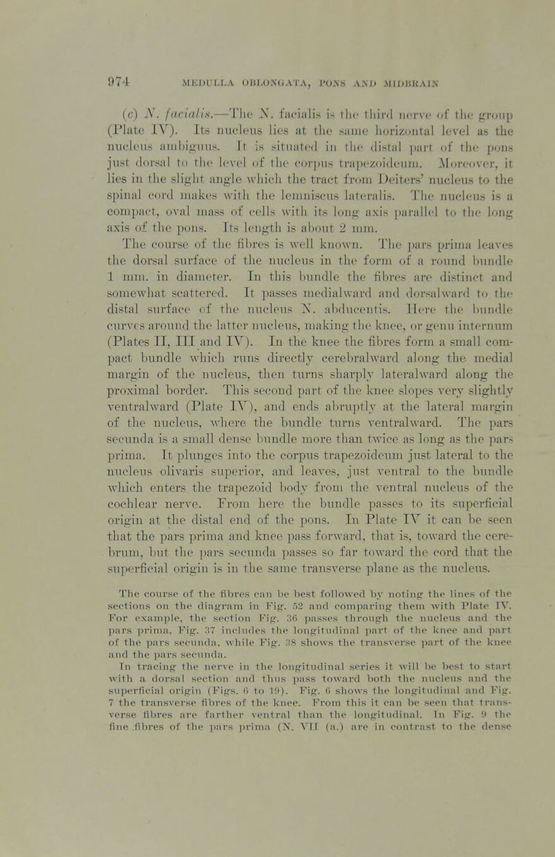 AUCUUU.A UIJLUA'UATA, I'UJNS AM) .MI1)I!1£AIN (f) N. facialis.—The X. fiicialis is I he third nerve of tlie group (Plate IV). Its luicleus lies at the same horizontal level as the nucleus anibiguus. It is situated in the distal ])art of the pons just dorsal to the level of the eor[)us trapezoideuui. .Moreover, it lies in the slight angle which the tract from Deiters' nucleus to the spinal cord makes with the leiiniiscus lateralis. The nucleus is a coni])act, oval mass of cells with its long axis parallel To the long axis of the pons. Its length is about 2 mm. The course of the fibres is well known. J'he pars prima leaves the doi-sal surface of the nucleus in the form of a round bundle 1 mm. in diameter. In this bundle the fibres are distinct and somewhat scattered. It passes niedialward and dorsalward to the distal surface of the nucleus K. abducentis. Here the bundle curve s around the latter nucleus, making the knee, or genu internum (Plates II, III and IV). In the knee the fibres form a small com- pact bundle which runs directly cerebralward along the medial margin of the nucleus, then turns sharply lateralward along the proximal border. Tins second part of the knee slopes very slightly ventralward (Plate IV), and ends abruptly at the lateral margin of the nucleus, where the bundle turns venti*alward. The pars secunda is a small dense bundle more than twice as long as the pars prima. It plunges into the corpus trapezoideum just lateral to the nucleus olivaris superior, and leaves, just ventral to the bundle wliich enters the trapezoid body from the ventral nucleus of the cochlear nerve. From here the bundle passes to its superficial origin at the distal end of the pons. In Plate IV it can be seen that the pars prima and knee pass forward, that is, toward the cere- bnim, but the ]iars secunda passes so far towai'd the cord that the superficial origin is in the same transverse plane as the nucleus. The coiu'se of the fibres can be best followed by noting' the lines of the sections on the diag'ram in Fig. 52 and comparing them with Plat* IV. For example, the section Fig. 30 passes throngh the nucleus and the ])ars jiriniii. I'^ig. H~ includes the longitudinal ytiwt of the knee and part of the ])ars secunda. while I'^ig. :iS shows the transverse jiart of the knee and the ])ars secunda. In tracing the nerve in Ihe longitudinal series it will be best to start w^ith a dorsal section and thus pass toward both the nucleus and the superficial origin (Figs, fi to 19). Fig. 6 shows the longitiulinal and Fig. 7 the transverse fibres of the knee. From this it can be seen that trans- verse fibres are farther ventral than the longitudinal. In Fig. !> the fine .fibres of the i)ars ])rinui (X. VII (a.) are in contrast to the dense