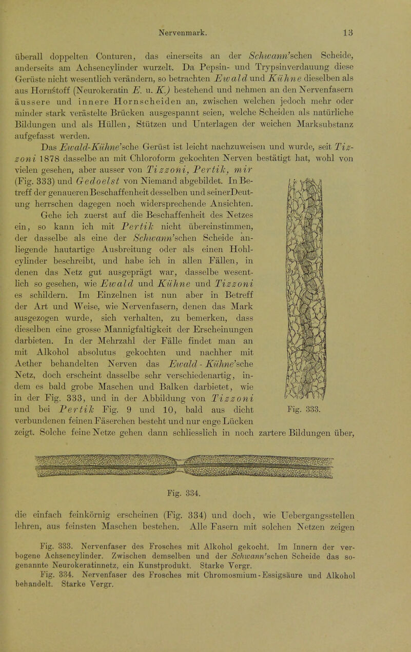 iiberall doppelten Conturen, das einerseits au der ScJmmm'schen Scheide, aiiderseits mn Achseiicylinder wurzelt. Da Pepsin- und Tiypsiiiverdauung diese Geriiste uicht wesentlicli verandern, so betrachten Elvald und Kiiline dieselben als aus Horn^toff (Neurokeratin E. u. K.) bestehend und nehmen an den Nervenfasern iiussere uud innere Hornscheiden an, zwisclien Avelcben jedoch mehr oder minder stark verastelte Briicken ausgespannt seien, welche Scheiden als natiirliclie Bildungen und ids Hiillen, Stiitzen und Unterlagen der weicben Marksubstanz aufgefasst werden. Das Eivald-Kuhne'sche Gertist ist leicbt nacbzuweise]i und wurde, seit Ti^- zoni 1878 dasselbe an mit Chloroform gekocbten Nei-ven bestatigt hat, wohl von vielen gesehen, aber ausser von Tizzoni, Fertile, niir (Fig. 333) imd Gedoelst von Niemand abgebildet. InBe- ti'eff der genauerenBeschaffenheit desselben und seinerDeut- ung hen'schen dagegen noch widersprechende Ansichten. Gehe ich zuerst auf die Beschaffenheit des Netzes ein, so kann ich mit Fertile nicht ixbereinstimmen, der dasselbe als erne der Sdmann'schen Scheide an- liegende hautaitige Ausbreituug oder als einen Hohl- cylinder beschreibt, und habe ich in alien Fallen, in denen das Netz gut ausgepragt wai, dasselbe wesent- hch so gesehen, wie Etvald und Kiiline und Tizzoni es schildern. Im Einzelnen ist nun aber in Betreff der Ait und Weise, wie Nervenfasern, denen das Mai'k ausgezogen wurde, sich verhalten, zu bemerken, dass dieselben eine grosse Mannigfaltigkeit der Erscheinungen darbieten. In der Mehrzahl der Falle findet man an mit Alkohol absolutus gekochten imd nachher mit Aether behandelten Nerven das Eivald - Kiihne'sche Netz, doch erscheint dasselbe sehi* verschiedenartig, in- dem es bald grobe Maschen und Balken darbietet, wie in der Fig. 333, und in der Abbildung von Tizzoni verbimdenen feinen Faserchen besteht und nur enge Liicken zeigt. Solche feine Netze gehen dann schliesslich in noch zai'tere Bildungen iiber. die einfach feinkornig erscheinen (Fig. 334) und doch, wie Uebergangsstellen lehren, aus feinsten Maschen bestehen. Alle Fasern mit solchen Netzen zeigen Fig. 333. Norvenfaser des Frosches mit Alkohol gekocht. Im Innern der ver- bogene Achsencylinder. Zwischen demselben und der Schwann'sch&n Scheide das so- genannte Neurokeratinnetz, ein Kunstprodukt. Starke Vergr. Fig. 334. Nervenfaser des Frosches mit Chromosmium-Essigsliure und Alkohol behandelt. Starke Vergr.