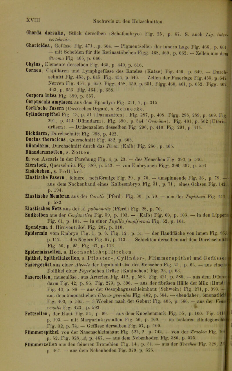 Chorda dorsalis, Stiick (lersen)en (Schafeuibryo) Fig. 25, p. (u. S. audi /.?>/. wfrr- veHehrale. Chorioidea, Gefiisso Fig. 471 , p. im. — Pigmeutzellen der innern Lage Fig. 460, p. — mit Hcheiden fUr die Rctinastabcheii Figg. 4(18, 40!), p. 062. — Zellen aus de Stroma Fig. 465, p. 660. Chylus, Elemente desselben Fig. 405, p. 440, p. 616. Cornea, Capillaren imd Lymphgefiisse des Randes (Katze) Fig. 456, p. 649. — Diirch- schnitt Fig. 453, p. 645. Fig. 454, p. 640. ~ Zellen der Faserlage fMg.455, p. 047. Nerven Fig. 457, p. 050. Figg. 458, 450, p. 051. Figg. 400, 461, p. 052. Figg. 402, 403, p. 653. Fig. 464, p. 658. Corpora lutea Fig. 3!)9, p. 557. Corpuscula amylacea aus dem Ependym Fig. 211, 2, p. 315. Corti'sche Fasern ((7o;fi'sches Organ), s. Schnecke. Cylinderepithel Fig. 13, p. 51 (Darmzotten), Fig. 287, p. 408. Figg. 288, 289, p. 409. Fig. 291, p. 414 (Diinndarm). Fig. 390, p. 544 [Ovarium). Fig. 401, p. 502 (Uterin- driisen). — Driisenzellen desselben Fig. 290, p. 410. Fig. 291, p. 414. Dickdarm, Durchschnitt Fig. 298, p. 422. Ductus thoracicus, Querschnitt Fig. 432, p. 603. Dunndarm, Durchschnitt durch das Ileum (Kalb) Fig. 280, p. 405. Diiundarmzotten, s. Zottcn. Ei von Ascaris in der Furchung Fig. 4, p. 23. — des Menschen Fig. 393, p. 546. Eierstock, Querschnitt Fig. 389, p. 543. — von Embryonen Figg. 396, 397, p. 554. Eisackchen, s. Follikel. Elastische Fasern, feinere, netzformige Fig. 29, p. 70. — umspinnende Fig. 36, p. 79. — aus dem Nackenband eines Kalbsembryo Fig. §1, p. 71 ; eines Ochsen Fig. 142, p. 194. Elastische Membran aus der Carotis (Pferd) Fig. 30, p. 70. ~ aus der Poplitaen Fig. 411, p. 582. Elastisches NetZ aus der A. pulmomtlis (Pferd) Fig. 28, p. 70. Endkolben aus der Conjunctiva Fig. 59, p. 103. — (Kalb) Fig. 00, p. 103. — in den Lippeni Fig. 61, p. 101. — in einer Papilla fungiformis Fig. 62, p. 104. Ependyma d. Hirnventrikel Fig. 207, p. 310. Epidermis vom Embryo Fig. 1, p. 8. Fig. 12, p. 51. — der Handflache von innen Fig. o(i, p. 112. — desNegers Fig. 67, p. 113. — Schichten derselben auf dem Durchschnitt Fig. 50, p. 95. Fig. 07, p. 113. Epidermiszellen, s. Hornschichtplattchen. Epithel, Epithelialzellen, s. Pflaster-, Cylinder-, Flimmerepithel undGefasse. , Fasergeriist aus einer Alveole der Inguinaldriise des Menschen Fig. 21 , p. 63. — aus eineff Follikel einer Pe?/<?r'schen Driise (Kaninchen) Fig. 23, p. 63. Faserzellen, musculose, aus Arterien Fig. 412, p. 583. Fig. 421, p. 589. — aus dem Diinn-n darm Fig. 42, p. 86. Fig. 273, p. 396. - aus der fibrosen Hiille der Milz (Hundi Fig. 43, p. 86. — aus der Oesophagusschleimhaut (Schwein) Fig. 271, p. 393. - aus dem 5monatlichen Uterm gravidus Fig. 402, p. 564. — ebendaher, 6monatlicH Fig. 403, p. 565. — 3 Wochen nach der Geburt Fig. 405, p. 500. — aus der Ven- renalis Fig. 423 , p. 592. Fettzellen, der Haut Fig. 54, p. 99. — aus dem Knochenmark Fig. 55, p. 100. Fig. 141 p. 193. — mit Margarinkrystallen Fig. 56, p. 100. — im lockeren Bindegeweb • Fig. 32, p. 74. — Gefasse derselben Fig. 57, p. 100. Flimmerepithel von der Nasenschlcimliaut Fig. 522, 2, p. 742. — von der Trachea Fig. It ' p. 52. Fig. 328, A, p. 407. — aus dem Nobenhoden Fig. 380, p. 525. Flimmerzellen aus den feineren Rronchien Fig. 14, p. 51. — aus der Trar^wa Fig. 32^, 1 i p. 407. — aus dem Nobenhoden Fig. 379, p. 525.