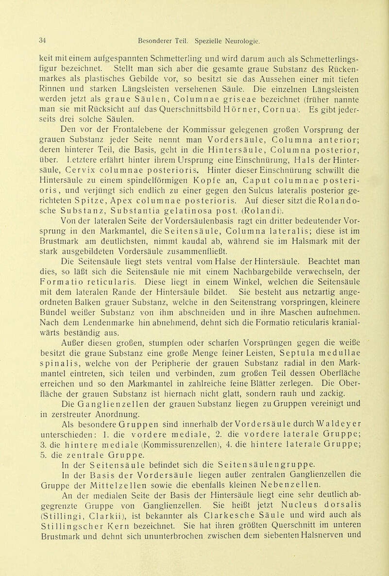 keit miteinem aufgespannten Schmetterling und wird darum auch als Schmetterlings- figur bezeichnet. Stellt man sich aber die gesamte graue Substanz des Riicken- markes als plastisches Gebilde vor, so besitzt sie das Aussehen einer mit tiefen Rinnen und starken Langsleisten versehenen Saule. Die einzelnen Langsleisten werden jetzt als graue Saulen, Columnae griseae bezeichnet (fruher nannte man sie mitRucksicht auf das Querschnittsbild Horner, Cornua*. Esgibtjeder- seits drei solche Saulen. Den vor der Frontalebene der Kommissur gelegenen grofien Vorsprung der grauen Substanz jeder Seite nennt man Vordersaule, Columna anterior; deren hinterer Teil, die Basis, geht in die Hintersaule, Columna posterior, iiber. Letztere erfahrt hinter ihrem Ursprung eine Einschniirung, Hals der Hinter- saule, Cervix columnae posterioris. Hinter dieserEinschniirung schwillt die Hintersaule zu einem spindelformigen Kopfe an, Caput columnae posteri- oris, und verjiingt sich endlich zu einer gegen den Sulcus lateralis posterior ge- richteten Spitze,Apex columnae posterioris. Auf dieser sitzt die Rolando- sche Substanz, Substantia gelatinosa post. (Rolandi). Von der lateralen Seite der Vordersaulenbasis ragt ein dritter bedeutender Vor- sprung in den Markmantel, die Seitensaule, Columna lateralis; diese ist im Brustmark am deutlichsten, nimmt kaudal ab, wahrend sie im Halsmark mit der stark ausgebildeten Vordersaule zusammenflieBt. Die Seitensaule liegt stets ventral vom Halse der Hintersaule. Beachtet man dies, so lafit sich die Seitensaule nie mit einem Nachbargebilde verwechseln, der Forma tio reticularis. Diese liegt in einem Winkel, welchen die Seitensaule mit dem lateralen Rande der Hintersaule bildet. Sie besteht aus netzartig ange- ordneten Balken grauer Substanz, welche in den Seitenstrang vorspringen, kleinere Btindel weifier Substanz von ihm abschneiden und in ihre Maschen aufnehmen. Nach dem Lendenmarke hin abnehmend, dehnt sich die Formatio reticularis kranial- warts bestandig aus. Aufier diesen grofien, stumpfen oder scharfen Vorsprungen gegen die weifie besitzt die graue Substanz eine grofie Menge feiner Leisten, Septula medullae spinalis, welche von der Peripherie der grauen Substanz radial in den Mark- mantel eintreten, sich teilen und verbinden, zum grofien Teil dessen Oberflache erreichen und so den Markmantel in zahlreiche feine Blatter zerlegen. Die Ober- flache der grauen Substanz ist hiernach nicht glatt, sondern rauh und zackig. Die Ganglienzellen der grauen Substanz liegen zuGruppen vereinigt und in zerstreuter Anordnung. Als besondere G rupp en sind innerhalb der Vordersaule durch Waldeyer unterschieden: 1. die vordere mediale, 2. die vordere laterale Gruppe; 3. die hintere mediale (Kommissurenzellen), 4. die hintere laterale Gruppe; 5. die zentrale Gruppe. In der Seitensaule befindet sich die Seitensaulengruppe. In der Basis der Vordersaule liegen aufier zentralen Ganglienzellen die Gruppe der Mittelzellen sowie die ebenfalls kleinen Nebenzellen. An der medialen Seite der Basis der Hintersaule liegt eine sehr deutlich ab- gegrenzte Gruppe von Ganglienzellen. Sie heifit jetzt Nucleus dorsalis (Stillingi, Clarkii), ist bekannter als Clarkesche Saule und wird auch als Stillingscher Kern bezeichnet. Sie hat ihren grofiten Querschnitt im unteren Brustmark und dehnt sich ununterbrochen zwischen dem siebenten Halsnerven und