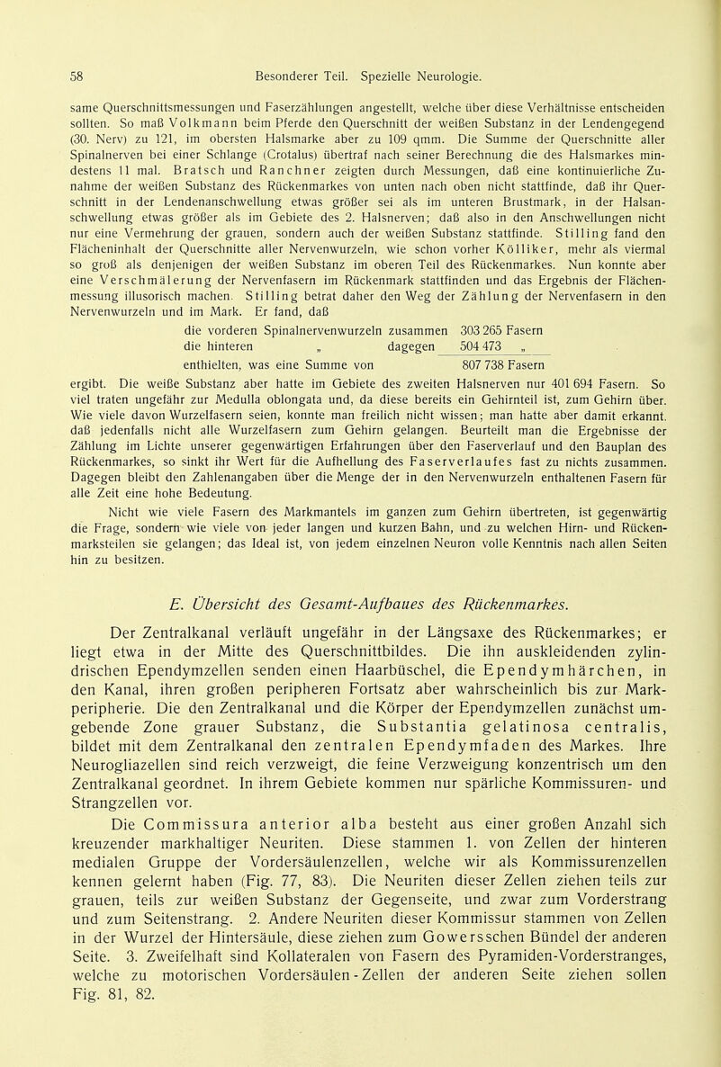 same Querschnittsmessungen und Faserzahlungen angestellt, welche iiber diese Verhaltnisse entscheiden sollten. So mafi Vol km a nn beim Pferde den Querschnitt der weifien Substanz in der Lendengegend (30. Nerv) zu 121, im obersten Halsmarke aber zu 109 qmm. Die Summe der Querschnitte aller Spinalnerven bei einer Schlange (Crotalus) iibertraf nach seiner Berechnung die des Halsmarkes min- destens 11 mal. Bratsch und Ranchner zeigten durch Messungen, dafi eine kontinuierliche Zu- nahme der weifien Substanz des Riickenmarkes von unten nach oben nicht stattfinde, daB ihr Quer- schnitt in der Lendenanschwellung etwas grofier sei als im unteren Brustmark, in der Halsan- schwellung etwas grofier als im Gebiete des 2. Halsnerven; daB also in den Anschwellungen nicht nur eine Vermehrung der grauen, sondern auch der weifien Substanz stattfinde. Stilling fand den Flacheninhalt der Querschnitte aller Nervenwurzeln, wie schon vorher Kolliker, mehr als viermal so grofi als denjenigen der weifien Substanz im oberen Teil des Riickenmarkes. Nun konnte aber eine Verschmalerung der Nervenfasern im Ruckenmark stattfinden und das Ergebnis der Flachen- messung illusorisch machen. Stilling betrat daher den Weg der Zahlung der Nervenfasern in den Nervenwurzeln und im Mark. Er fand, dafi die vorderen Spinalnervenwurzeln zusammen 303 265 Fasern die hinteren „ dagegen 504 473 enthielten, was eine Summe von 807 738 Fasern ergibt. Die weifie Substanz aber hatte im Gebiete des zweiten Halsnerven nur 401 694 Fasern. So viel traten ungefahr zur Medulla oblongata und, da diese bereits ein Gehirnteil ist, zum Gehirn iiber. Wie viele davon Wurzelfasern seien, konnte man freilich nicht wissen; man hatte aber damit erkannt. dafi jedenfalls nicht alle Wurzelfasern zum Gehirn gelangen. Beurteilt man die Ergebnisse der Zahlung im Lichte unserer gegenwartigen Erfahrungen iiber den Faserverlauf und den Bauplan des Riickenmarkes, so sinkt ihr Wert fur die Aufhellung des Faserverlaufes fast zu nichts zusammen. Dagegen bleibt den Zahlenangaben iiber die Menge der in den Nervenwurzeln enthaltenen Fasern fur alle Zeit eine hohe Bedeutung. Nicht wie viele Fasern des Markmantels im ganzen zum Gehirn iibertreten, ist gegenwartig die Frage, sondern wie viele von jeder langen und kurzen Bahn, und zu welchen Hirn- und Riicken- marksteilen sie gelangen; das Ideal ist, von jedem einzelnen Neuron voile Kenntnis nach alien Seiten hin zu besitzen. E. Obersicht des Gesamt-Aufbaues des Riickenmarkes. Der Zentralkanal verlauft ungefahr in der Langsaxe des Riickenmarkes; er liegt etwa in der Mitte des Querschnittbildes. Die ihn auskleidenden zylin- drischen Ependymzellen senden einen Haarbiischel, dieEpendymharchen, in den Kanal, ihren grofien peripheren Fortsatz aber wahrscheinlich bis zur Mark- peripherie. Die den Zentralkanal und die Korper der Ependymzellen zunachst urn- gebende Zone grauer Substanz, die Substantia gelatinosa centralis, bildet mit dem Zentralkanal den zentralen Ependymfaden des Markes. Ihre Neurogliazellen sind reich verzweigt, die feine Verzweigung konzentrisch um den Zentralkanal geordnet. In ihrem Gebiete kommen nur sparliche Kommissuren- und Strangzellen vor. Die Commissura anterior alba besteht aus einer grofien Anzahl sich kreuzender markhaltiger Neuriten. Diese stammen 1. von Zellen der hinteren medialen Gruppe der Vordersaulenzellen, welche wir als Kommissurenzellen kennen gelernt haben (Fig. 77, 83). Die Neuriten dieser Zellen ziehen teils zur grauen, teils zur weifien Substanz der Gegenseite, und zwar zum Vorderstrang und zum Seitenstrang. 2. Andere Neuriten dieser Kommissur stammen von Zellen in der Wurzel der Hintersaule, diese ziehen zum Gowersschen Biindel der anderen Seite. 3. Zweifelhaft sind Kollateralen von Fasern des Pyramiden-Vorderstranges, welche zu motorischen Vordersaulen - Zellen der anderen Seite ziehen sollen Fig. 81, 82.