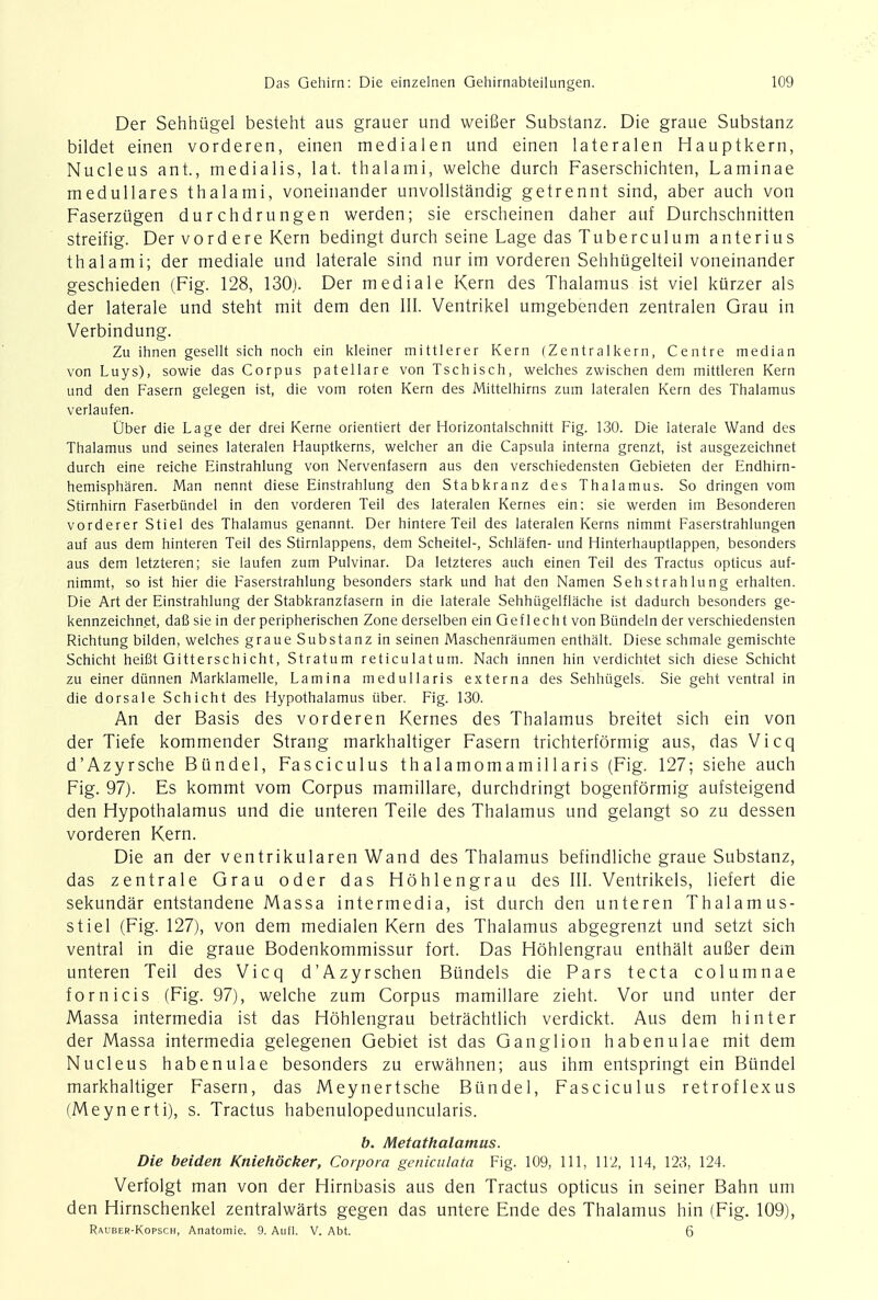 Der Sehhugel besteht aus grauer und weifier Substanz. Die graue Substanz bildet einen vorderen, einen medialen und einen lateralen Hauptkern, Nucleus ant., medialis, lat. thalami, welche durch Faserschichten, Laminae medullares thalami, voneinander unvollstandig getrennt sind, aber auch von Faserziigen durchdrungen werden; sie erscheinen daher auf Durchschnitten streifig. Der vord ere Kern bedingt durch seine Lage das Tuberculum anterius thalami; der mediale und laterale sind nur im vorderen Sehhiigelteil voneinander geschieden (Fig. 128, 130). Der mediale Kern des Thalamus ist viel kurzer als der laterale und steht mit dem den III. Ventrikel umgebenden zentralen Grau in Verbindung. Zu ihnen gesellt sich noch ein kleiner mittlerer Kern (Zentralkern, Centre median von Luys), sowie das Corpus patellare von Tschisch, welches zwischen dem mittleren Kern und den Fasern gelegen ist, die vom roten Kern des Mittelhirns zum lateralen Kern des Thalamus verlaufen. Ober die Lage der drei Kerne orientiert der Horizontalschnitt Fig. 130. Die laterale Wand des Thalamus und seines lateralen Hauptkerns, welcher an die Capsula interna grenzt, ist ausgezeichnet durch eine reiche Einstrahlung von Nervenfasern aus den verschiedensten Gebieten der Endhirn- hemispharen. Man nennt diese Einstrahlung den Stabkranz des Thalamus. So dringen vom Stirnhim Faserbiindel in den vorderen Teil des lateralen Kernes ein: sie werden im Besonderen vorderer Stiel des Thalamus genannt. Der hintere Teil des lateralen Kerns nimmt Faserstrahlungen auf aus dem hinteren Teil des Stirnlappens, dem Scheitel-, Schlafen- und Hinterhauptlappen, besonders aus dem letzteren; sie laufen zum Pulvinar. Da letzteres auch einen Teil des Tractus opticus auf- nimmt, so ist hier die Faserstrahlung besonders stark und hat den Namen Sehstrahlung erhalten. Die Art der Einstrahlung der Stabkranzfasern in die laterale Sehhiigelflache ist dadurch besonders ge- kennzeichnet, daB sie in der peripherischen Zone derselben ein Geflecht von Bundeln der verschiedensten Richtung bilden, welches graue Substanz in seinen Maschenraumen enthalt. Diese schmale gemischte Schicht heifit Gitterschicht, Stratum reticulatum. Nach innen hin verdichtet sich diese Schicht zu einer diinnen Marklamelle, Lamina medullaris externa des Sehhugels. Sie geht ventral in die dorsale Schicht des Hypothalamus iiber. Fig. 130. An der Basis des vorderen Kernes des Thalamus breitet sich ein von der Tiefe kommender Strang markhaltiger Fasern trichtertormig aus, das Vicq d'Azyrsche Bundel, Fasciculus thalamomamillaris (Fig. 127; siehe auch Fig. 97). Es kommt vom Corpus mamillare, durchdringt bogenformig aufsteigend den Hypothalamus und die unteren Teile des Thalamus und gelangt so zu dessen vorderen Kern. Die an der ventrikularen Wand des Thalamus befindliche graue Substanz, das zentrale Grau oder das Hohlengrau des III. Ventrikels, liefert die sekundar entstandene Massa intermedia, ist durch den unteren Thalamus- stiel (Fig. 127), von dem medialen Kern des Thalamus abgegrenzt und setzt sich ventral in die graue Bodenkommissur fort. Das Hohlengrau enthalt aufier dem unteren Teil des Vicq d'Azyrschen Bundels die Pars tecta columnae fornicis (Fig. 97), welche zum Corpus mamillare zieht. Vor und unter der Massa intermedia ist das Hohlengrau betrachtlich verdickt. Aus dem hinter der Massa intermedia gelegenen Gebiet ist das Ganglion habenulae mit dem Nucleus habenulae besonders zu erwahnen; aus ihm entspringt ein Bundel markhaltiger Fasern, das Meynertsche Bundel, Fasciculus retroflexus (Meynerti), s. Tractus habenulopeduncularis. b. Metathalamus. Die beiden Kniehocker, Corpora geniculata Fig. 109, 111, 112, 114, 123, 124. Verfolgt man von der Hirnbasis aus den Tractus opticus in seiner Bahn urn den Hirnschenkel zentralwarts gegen das untere Ende des Thalamus hin (Fig. 109), Rauber-Kopsch, Anatomie. 9. Aufl. V. Abt. 6