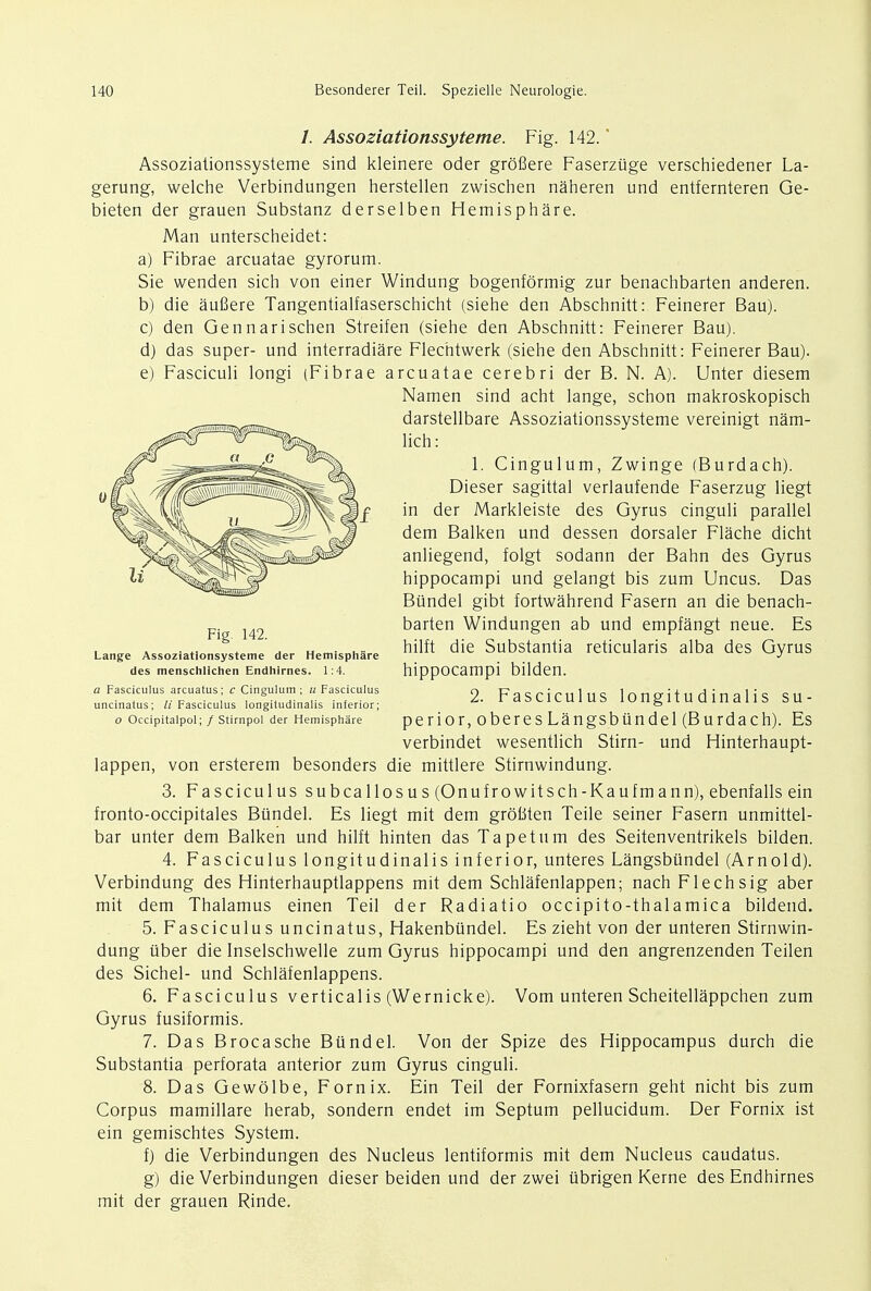 Fig. 142. /. Assoziationssyteme. Fig. 142.' Assoziationssysteme sind kleinere oder groflere Faserzuge verschiedener La- gerung, welche Verbindungen herstellen zwischen naheren und entfernteren Ge- bieten der grauen Substanz derselben Hemisphare. Man unterscheidet: a) Fibrae arcuatae gyrorum. Sie wenden sich von einer Windung bogenformig zur benachbarten anderen. b) die aufiere Tangentialfaserschicht (siehe den Abschnitt: Feinerer Bau). c) den Gennarischen Streifen (siehe den Abschnitt: Feinerer Bau). d) das super- und interradiare Flechtwerk (siehe den Abschnitt: Feinerer Bau). e) Fasciculi longi (Fibrae arcuatae cerebri der B. N. A). Unter diesem Namen sind acht lange, schon makroskopisch darstellbare Assoziationssysteme vereinigt nam- lich: 1. Cingulum, Zwinge (Burdach). Dieser sagittal verlaufende Faserzug liegt in der Markleiste des Gyrus cinguli parallel dem Balken und dessen dorsaler Flache dicht anliegend, folgt sodann der Bahn des Gyrus hippocampi und gelangt bis zum Uncus. Das Bundel gibt fortwahrend Fasern an die benach- barten Windungen ab und empfangt neue. Es hilft die Substantia reticularis alba des Gyrus hippocampi bilden. 2. Fasciculus longitudinalis su- perior,oberesLangsbundel (Burdach). Es verbindet wesentlich Stirn- und Hinterhaupt- lappen, von ersterem besonders die mittlere Stirnwindung. 3. Fasciculus subcallosus (Onufrowitsch-Kaufmann), ebenfalls ein fronto-occipitales Bundel. Es liegt mit dem groBten Teile seiner Fasern unmittel- bar unter dem Balken und hilft hinten das Tapetum des Seitenventrikels bilden. 4. Fasciculus longitudinalis inferior, unteres Langsbiindel (Arnold). Verbindung des Hinterhauptlappens mit dem Schlafenlappen; nach Flechsig aber mit dem Thalamus einen Teil der Radiatio occipito-thalamica bildend. 5. Fasciculus uncinatus, Hakenbundel. Es zieht von der unteren Stirnwin- dung uber die Inselschwelle zum Gyrus hippocampi und den angrenzenden Teilen des Sichel- und Schlafenlappens. 6. Fasciculus verticalis (Wernicke). Vom unteren Scheitellappchen zum Gyrus fusiformis. 7. Das Brocasche Bundel. Von der Spize des Hippocampus durch die Substantia perforata anterior zum Gyrus cinguli. 8. Das Gewolbe, Fornix. Ein Teil der Fornixfasern geht nicht bis zum Corpus mamillare herab, sondern endet im Septum pellucidum. Der Fornix ist ein gemischtes System. f) die Verbindungen des Nucleus lentiformis mit dem Nucleus caudatus. g) die Verbindungen dieser beiden und der zwei ubrigen Kerne des Endhirnes mit der grauen Rinde. Lange Assoziationsysteme der Hemisphare des menschllchen Endhirnes. 1:4. a Fasciculus arcuatus; c Cingulum; u Fasciculus uncinatus; //Fasciculus longitudinalis inferior; o Occipitalpol; / Stirnpol der Hemisphare