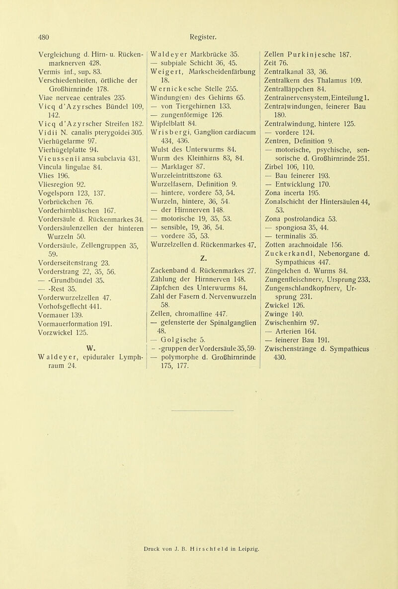 Vergleichung d. Him- u. Riicken- marknerven 428. Vermis inf., sup. 83. Verschiedenheiten, ortliche der Grofihirnrinde 178. Viae nerveae centrales 235. Vicq d'Azyrsches Biindel 109, 142. Vicq d'Azyrscher Streifen 182. Vidii N. canalis pterygoidei 305. Vierfiiigelarme 97. Vierhtigelplatte 94. Vi eussenii ansa subclavia 431. Vincula lingulae 84. Vlies 196. Vliesregion 92. Vogelsporn 123, 137. Vorbruckchen 76. Vorderhirnblaschen 167. Vordersaule d. Riickenmarkes 34. Vordersaulenzellen der hinteren Wurzeln 50. Vordersaule, Zellengruppen 35, 59. Vorderseitenstrang 23. Vorderstrang 22, 35, 56. Grundbiindel 35. — -Rest 35. Vorderwurzelzellen 47. Vorhofsgeflecht 441. Vormauer 139. Vormauerformation 191. Vorzwickel 125. W. Waldeyer, epiduraler Lymph- raum 24. Waldeyer Markbrucke 35. — subpiale Schicht 36, 45. Weigert, Markscheidenfarbung 18. Wernickesche Stelle 255. Windung(en) des Gehirns 65. — von Tiergehirnen 133. — zungenformige 126. Wipfelblatt 84. Wrisbergi, Ganglion cardiacum 434, 436. Wulst des Unterwurms 84. Wurm des Kleinhirns 83, 84. — Marklager 87. Wurzeleintrittszone 63. Wurzelfasern, Definition 9. — hintere, vordere 53, 54. Wurzeln, hintere, 36, 54. — der Hirnnerven 148. — motorische 19, 35, 53. — sensible, 19, 36, 54. — vordere 35, 53. Wurzelzellen d. Riickenmarkes 47. Z. Zackenband d. Riickenmarkes 27. Zahlung der Hirnnerven 148. Zapfchen des Unterwurms 84. Zahl der Fasern d. Nervenwurzeln 58. Zellen, chromaffine 447. — gefensterte der Spinalganglien 48. — Golgische 5. — -gruppen der Vordersaule 35,59- — polymorphe d. GroBhirnrinde 175, 177. Zellen Purkinjesche 187. Zelt 76. Zentralkanal 33, 36. Zentralkern des Thalamus 109. Zentrallappchen 84. Zentralnervensystem, Einteilung 1. Zentralwindungen, feinerer Bau 180. Zentralwindung, hintere 125. — vordere 124. Zentren, Definition 9. — motorische, psychische, sen- sorische d. Grofihirnrinde 251. Zirbel 106, 110. — Bau feinerer 193. — Entwicklung 170. Zona incerta 195. Zonalschicht der Hintersaulen 44, 53. Zona postrolandica 53. — spongiosa 35, 44. — terminalis 35. Zotten arachnoidal 156. Zuckerkandl, Nebenorgane d. Sympathicus 447. Ziingelchen d. Wurms 84. Zungenfleischnerv, Ursprung 233. Zungenschlundkopfnerv, Ur- sprung 231. Zwickel 126. Zwinge 140. Zwischenhirn 97. — Arterien 164. — feinerer Bau 191. Zwischenstrange d. Sympathicus 430. Druck von J. B. Hirschfeld in Leipzig.