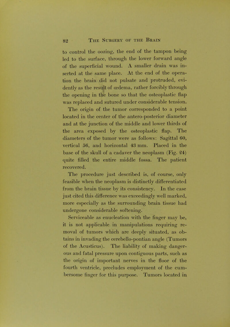 to control the oozing, the end of the tampon being led to the surface, through the lower forward angle of the superficial wound. A smaller drain was in- serted at the same place. At the end of the opera- tion the brain did not pulsate and protruded, evi- dently as the result of oedema, rather forcibly through the opening in the bone so that the osteoplastic flap was replaced and sutured under considerable tension. The origin of the tumor corresponded to a point located in the center of the antero-posterior diameter and at the junction of the middle and lower thirds of the area exposed by the osteoplastic flap. The diameters of the tumor were as follows: Sagittal 60, vertical 56, and horizontal 43 mm. Placed in the base of the skull of a cadaver the neoplasm (Fig. 24) quite filled the entire middle fossa. The patient recovered. The procedure just described is, of course, only feasible when the neoplasm is distinctly differentiated from the brain tissue by its consistency. In the case just cited this difference was exceedingly well marked, more especially as the surrounding brain tissue had undergone considerable softening. Serviceable as enucleation with the finger may be, it is not applicable in manipulations requiring re- moval of tumors which are deeply situated, as ob- tains in invading the cerebello-pontian angle (Tumors of the Acusticus). The liability of making danger- ous and fatal pressure upon contiguous parts, such as the origin of important nerves in the floor of the fourth ventricle, precludes employment of the cum- bersome finger for this purpose. Tumors located in