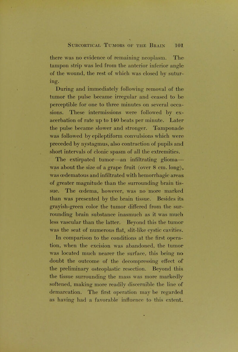 there was no evidence of remaining neoplasm. The tampon strip was led from the anterior inferior angle of the wound, the rest of which was closed by sutur- ing. During and immediately following removal of the tumor the pulse became irregular and ceased to be perceptible for one to three minutes on several occa- sions. These intermissions were followed by ex- acerbation of rate up to 140 beats per minute. Later the pulse became slower and stronger. Tamponade was followed by epileptiform convulsions which were preceded by nystagmus, also contraction of pupils and short intervals of clonic spasm of all the extremities. The extirpated tumor—an infiltrating glioma— was about the size of a grape fruit (over 8 cm. long),, was cedematous and infiltrated with hemorrhagic areas of greater magnitude than the surrounding brain tis- sue. The oedema, however, was no more marked than was presented by the brain tissue. Besides its grayish-green color the tumor differed from the sur- rounding brain substance inasmuch as it was much less vascular than the latter. Beyond this the tumor was the seat of numerous flat, slit-like cystic cavities. In comparison to the conditions at the first opera- tion, when the excision was abandoned, the tumor was located much nearer the surface, this being no doubt the outcome of the decompressing effect of the preliminary osteoplastic resection. Beyond this the tissue surrounding the mass was more markedly softened, making more readily discernible the line of demarcation. The first operation may be regarded as having had a favorable influence to this extent-