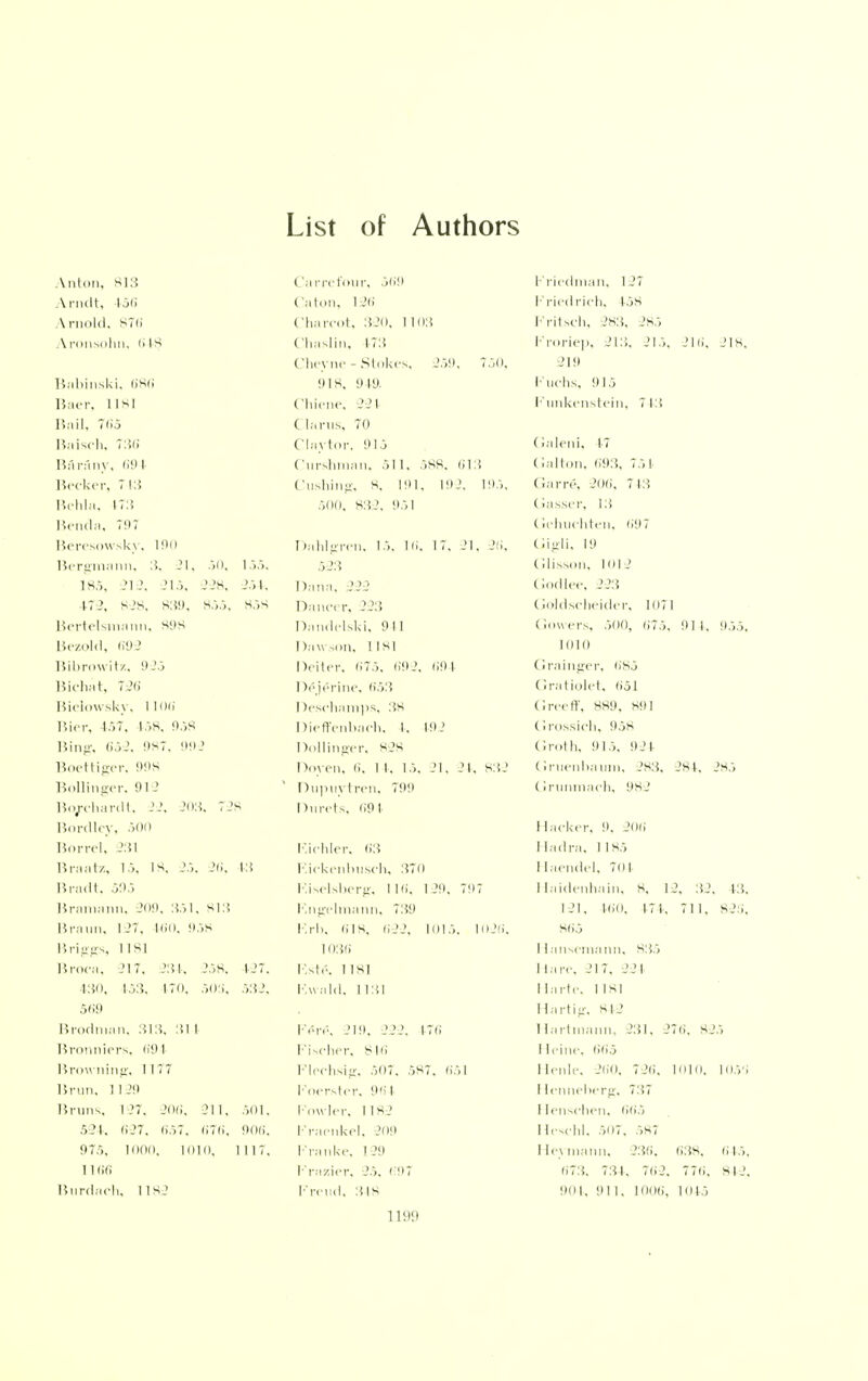 List of Authors Anion, 813 Arndt, lj<i Arnold, S7(i Aronsohu, 648 Babinski, 686 Baer, 1181 Bail, 765 Baisch, 736 BflrAny, 694 Becker, 713 Behla, 17:! Benda, 797 Beresowsky, I0O Bergmann, 3. 21, 50, 155, 185, 212, 215, 228, 254, •172, 828, 830, 855, 858 Bertelsmann, 898 Bezold, 692 Bibrowitx, 925 Bichat, 726 Bielowsky, 1106 Bier, 157, l>s. 0.>s Bing, 652, 987, 992 Boettiger, 998 Bollinger, 012 Borchardt, 22, 203, 728 Bordley, 500 Borrel, 231 Braatz, 15, is. 25, 26. 13 Bradt, 595 Bramann, .'no. 3.51, 813 Braun, 127, 160, 958 liriggs, 11 Si Broca, 217, 234, 258, U7. 430, 153, 170, 503, 532, 569 Brodman, 313, 311 Bronniers, 691 Browning, 1177 Brim. 1129 Bruns, 127, 206, 311, 501, 524. (>27. 657, <i7(i. 906, 975, 1000, 1010, 1117. 1166 Burdach, lis: Carrefour, j<>0 Caton, 126 Charcot, 320, 1 L03 Chaslin, 173 Cheyne - Stokes, 259, 750, 918, 010. Chiene, 221 ( larus, 70 Claytor, 915 Cnrshman, 511, 588, 613 Gushing, 8, 191, L92, 195, 500, 832. 951 Dahlgren, 15, 16, 17. 21, 26, 523 Dana, 222 Dancer, 32:5 Dandelski, 941 Dawson, lisi Deiter, 675, nit.'. <;n I Dc'jrrinc. 653 Deschamps, 38 Dieffenbach, I. 192 Dollinger, 828 Doyen, (i. I I. 15, 21, 21. 832 Dupuytren, 799 Durets, <i01 Fichler, 63 Rickenbusch, 370 Riselsberg, 116, 120, 7>>7 Rngelmann, 739 Rrb, iiis. 622, 1015, 1026, 1036 I'.str. 1 1S1 Rwald, 1131 Fere\ 219, 222. 176 Fischer, sik Flechsig, .')07. 587, 651 Foerster, 964 Fowler, 1183 Fraenkel, 209 Franke, 120 Frasiier, 25, 697 Freud, 348 119') •riedman, 1 27 •riedrieh, 158 kitsch, 283, 2s.-> •'roriep, 213, 215, 216, 218, 219 ■'uchs, 915 'unkenstein, 7 l:i ialeni, 17 ialton, 693, 751 iarr6, 206, 7 13 iasser, 13 ichuchten, <>0? iigli, 10 ;iisson, 1012 lodlee, 223 !oldscheider, 1071 lowers, 500, 675, Oil. 955, 11)10 ■rainger, (isj jratiolet, fijl Irccft', 889, 891 irossich, 958 iroth, Oi:,. 924 Iruenbaum, 283, 284, 285 ■runmach, 082 Hacker, 9, 206 tadra, I Is;, laendel, 701 Haidenhain, 8. 12, 32. 13. 121. 160, 171. 711. 828, rlansemann, 835 l.ire 217, 221 Harte, 1 isi tfartig, 842 rlartmann, 231. 276, S2.'> I leine, 665 Henle, 260, 726, 1010, 1056 Henneberg, 737 I lenschen, 665 Heschl, 507, .'>s7 Hermann, 236, 638, 645, ii73. 731. 762, 77(1. 842, ooi. in i. 1006, 1045