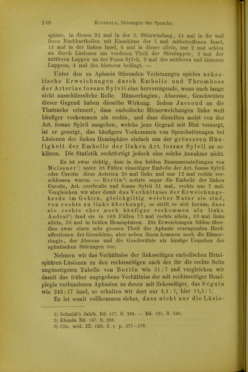 spliare, in diesen 24 mal in der 3. Stirnwindung, 34 mai in ihr und iliren Nachbartlieilen mit Einscliluss der 7 mal raitbetroffeneu Insel, 13 mal in der linken Insel, 6 mal in dieser allein, nur 2 mal schien sie dnrch Lasionen am vorderen Tlieil der Stirnlappen, 3 mal der mittleren Lappen an der Fos-sa Sylvii, 2 mal des mittleren und hinteren Lappens, 4 mal des hinteren bedingt. — Unter den zu Aphasie fUbrenden Verletzungen spielen nekro- tische Erweichungen durch Embolie und Thrombose der Arteriae fossae Sylvii eine hervorragende, wenn auch lange nicht ausschliessliche Rolle. Hamorrhagien, Abscesse, Geschwiilste dieser Gegend haben dieselbe Wirkung. Indem Jaccoud an die Thatsache erinnert, dass embolische Hirnerweichungen links weit haufiger vorkommen als reehts, und dass dieselben meist von der Art. fossae Sylvii ausgehen, welche jene Gegend mit Blut versorgt, ist er geneigt, das haufigere Vorkommen von Sprachstorungen bei Lasionen der linken Hemisphare einfach aus der grosseren Hau- figkeit der Embolie der linken Art. fossae Sylvii zu er- klaren. Die Statistik rechtfertigt jedoch eine solche Annahme nicht. Es ist zwar richtig, dass in den beiden Zusammenstellungen von Meissner') unter 38 Fallen einseitiger Embolie der Art. fossae Sylvii oder Carotis diese Arterien 26 mal links und nur 12 mal rechts ver- schlossen waren. — Bertin^) notirte sogar die Embolie der linken Carotis, Art. cerebralis und fossae Sylvii 31 mal, rechts nur 7 mal. Vergleichen wir aber damit das Verhaltni-ss der Erweichungs- herde im Gehirn, gleichgiltig welcher Natur sie sind, von rechts zu links uberhaupt, so stellt es sich heraus, dass sie rechts eher noch haufiger vorkommen als links. AndraP) fand sie in 169 Fallen 7 3 mal rechts allein, 63 mal links allein, 33 mal in beiden Hemispharen. Die Erweichungen bilden iiber- dies zwar einen sehr grossen Theil der Aphasie erzeugenden Herd- atfectionen des Grosshirns, aber neben ihnen kommen noch die Hamor- rhagie, der Abscess und die Geschwiilste als haufige Ursachen der aphatischen Storungen vor. Nehmen wir das Verhaltniss der linksseitigen embolischen Hemi- spharen-Lasionen zu den rechtsseitigen nach der fUr die rechte Seite ungunstigsten Tabelle von Bertin wie 31:7 und vergleichen wir damit das friiher angegebene Verhaltniss der mit rechtsseitiger Hemi- plegie verbundenen Aphasien zu denen mit linksseitiger, das Seguin wie 243:17 fand, so erhalten wir dort nur 4,4 : 1, bier 14,3: 1. Es ist somit vollkommen sicher, dass nicht nur dieLiisio- 1) Schmidt's Jahfb. Bd. 117. S. 248. — Bd. 131. S. 340. 2) Ebenda Bd. 147. S. 288. 3) Clin. med. III. edit. J. v. p. 377—378.