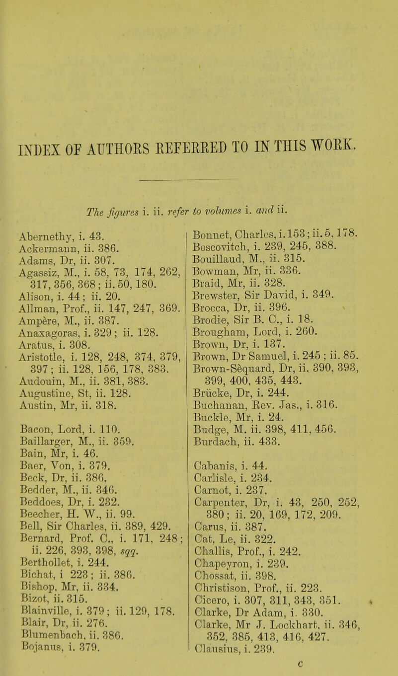 INDEX OF AUTHORS REFERRED TO IN THIS WORK. The figures i. ii. refer Abernetliy, i. 43. Ackermaun, ii. 386. Adams, Dr, ii. 307. Agassiz, M., i. 58, 73, 174, 202, 317, 356, 368 ; ii. 50, 180. Alison, i. 44 ; ii. 20. Allman, Prof., ii. 147, 247, 369. Ampere, M., ii. 387. Anaxagoras, i. 329 ; ii. 128. Aratus, i. 308. Aristotle, i. 128, 248, 374, 379, 397; ii. 128, 156, 178, 383. Audouin, M., ii. 381, 383. Augustine, St, ii. 128. Austin, Mr, ii! 318. Bacon, Lord, i. 110. Baillarger, M., ii. 359. Bain, Mr, i. 46. Baer, Von, i. 379. Beck, Dr, ii. 386. Bedder, M., ii. 346. Beddoes, Dr, i. 232. Beecher, H. W., ii. 99. Bell, Sir Charles, ii. 389, 429. Bernard, Prof. C, i. 171, 248; ii. 226, 393, 398, sqq. Berthollet, i. 244. Bichat, i 223 ; ii. 386. Bishop, Mr, ii. 334. Bizot, ii. 315. Blainville, i. 379; ii. 129, 178. Blair, Dr, ii. 276. Blumenbach. ii. 386. • to volumes i. and ii. Bonnet, Charles, i. 153 ;ii. 5.178. Boscovitch, i. 239, 245, 388. Bouillaucl, M., ii. 315. Bowman, Mr, ii. 336. Braid, Mr, ii. 328. Brewster, Sir David, i. 349. Brocca, Dr, ii. 396. Brodie, Sir B. C, i. 18. Brougham, Lord, i. 260. Brown, Dr, i. 137. Brown, Dr Samuel, i. 245 ; ii. 85. Brown-Sequard, Dr, ii, 390. 393, 399, 400, 435, 443. Briicke, Dr, i. 244. Buchanan, Kev. Jas., i. 316. Buckle, Mr, i. 24. Budge, M. ii. 398, 411, 456. Burdach, ii. 433. Cabanis, i. 44. Carlisle, i. 234. Carnot, i. 237. Carpenter, Dr, i. 43, 250, 252, 380; ii. 20, 169, 172, 209. Carus, ii. 387. Cat, Le, ii. 322. Challis, Prof., i. 242. Chapeyron, i. 239. Chossat, ii. 398. Christison, Prof., ii. 223. Cicero, i. 307, 311, 343, 351. Clarke, Dr Adam, i. 330. Clarke, Mr J. Loekliarf, ii. 346, 352, 385, 413, 416, 427.