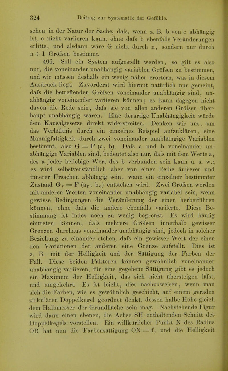schon in der Natiir cler Sache, dafs, wenn z. B. b von c abhangig ist, c nicht variieren kann, ohne dafs b ebenfalls Veranderungen erlitte, und alsdann ware G nicht diircii n, sondern nur durch n -f-1 Grofsen bestimmt. 40G. Soli ein System aufgestellt werden, so gilt es also nur, die voneinander unabhangig variablen Grofsen zu bestimmen, und wir miissen deshalb ein wenig naher erortern, was in diesem Ausdruck liegt. Zuvorderst wird hiermit naturlich nur gemeint, dafs die betrefFenden Grofsen voneinander unabhangig sind, un- abhangig voneinander variieren konnen; es kann dagegen nicht davon die Rede sein, dafs sie von alien anderen Grofsen iiber- haupt unabhangig waren. Eine derartige Unabhangigkeit wurde dem Kausalgesetze direkt widerstreiten. Denken wir uns, um das Verhiiltnis durch ein einzelnes Beispiel aufzuklaren, eine Mannigfaltigkeit durch zwei voneinander unabhangige Variablen bestimmt, also G = F (a, b). Dafs a und b voneinander un- abhangige Variablen sind, bedeutet also nur, dafs mit dem Werte aj des a jeder beliebige Wert des b verbunden sein kann u. s. w.; es wird selbstverstandlich aber von einer Reihe aufserer und innerer Ursachen abhangig sein, wann ein einzelner bestimmter Zustand Gr = F (ap, bq) entstehen wird. Zwei Grofsen werden mit anderen Worten voneinander unabhangig variabel sein, wenn gewisse Bedingungen die Veranderung der einen herbeifiihren konnen, ohne dafs die andere ebenfalls variierte. Diese Be- stimmung ist indes noch zu wenig begrenzt. Es wird haufig eintreten konnen, dafs mehrere Grofsen innerhalb gewisser Grenzen durchaus voneinander unabhangig sind, jedoch in solcher Beziehung zu einander stehen, dafs ein gewisser Wert der einen den Variationen der anderen eine Grenze aufstellt. Dies ist z. B. mit der Helligkeit und der Sattigung der Farben der Fall. Diese beiden Faktoren konnen gewohnlich voneinander unabhangig variieren, fiir eine gegebene Sattigung gibt es jedoch ein Maximum der Helligkeit, das sich nicht iibersteigen lafst, und umgekehrt. Es ist leicht, dies nachzuweisen, wenn man sich die Farben, wie es gewohnlich geschieht, auf einem geraden zirkularen Doppelkegel geordnet denkt, dessen halbe Hohe gleich dem Halbmesser der Grundflache sein mag. Nachstehende Figur wird dann einen ebenen, die Achse SH enthaltcnden Schnitt des Doppelkegels vorstellen. Ein willkiirlicher Punkt N des Radius OR hat nun die Farbensattigung ON = f, und die Helligkeit
