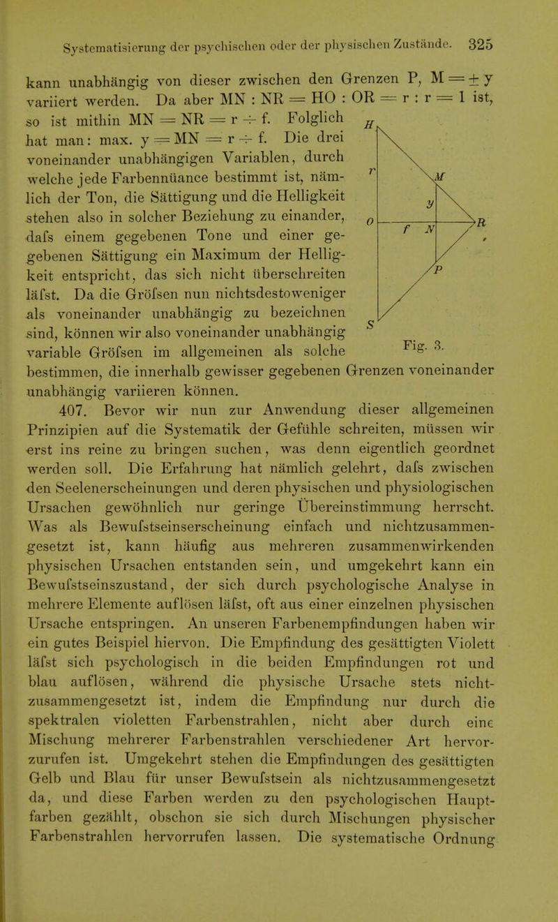 Fig. 3. kann iinabhangig von dieser zwischen den Grenzen M = + y variiert werden. Da aber MN : NR = HO : OR = r : r 1 iat, so ist mithin MN = NR = r ^ f. Folglich hat man: max. y = MN = r f. Die drei voneinander unabhangigen Variablen, durch welche jede Farbenniiance bestimmt ist, nam- lich der Ton, die Sattigung und die Helligkeit stehen also in solcher Beziehung zu einander, dafs einem gegebenen Tone und einer ge- gebenen Sattigung ein Maximum der Hellig- keit entspriclit, das sich nicht iiberschreiten lafst. Da die Grofsen nun nichtsdestoweniger als voneinander unabliangig zu bezeichnen sind, konnen wir also voneinander unabhangig variable Grofsen im allgemeinen als seiche bestimmen, die innerhalb gewisser gegebenen Grenzen voneinander unabhangig variieren konnen. 407. Bevor wir nun zur Anwendung dieser allgemeinen Prinzipien auf die Systematik der Gefiihle schreiten, miissen wir «rst ins reine zu bringen suchen, was denn eigentlich geordnet werden soil. Die Erfahrung hat namlich gelehrt, dafs zwischen den Seelenerscheinungen und deren physischen und physiologischen Ursachen gewohnlich nur geringe Ubereinstimmung herrscht. Was als Bewufstseinserscheinung einfach und nichtzusammen- gesetzt ist, kann haufig aus mehreren zusammenwirkenden physischen Ursachen entstanden sein, und umgekehrt kann ein Bewufstseinszustand, der sich durch psychologische Analyse in mehrere Elemente aufldsen lafst, oft aus einer einzelnen physischen Ursache entspringen. An unseren Farbenempfindungen haben wir ein gutes Beispiel hiervon. Die Emphndung des gesattigten Violett lafst sich psychologisch in die beiden Empfindungen rot und blau auflosen, wahrend die physische Ursache stets nicht- zusammengesetzt ist, indem die Empfindung nur durch die spektralen violetten Farbenstrahlen, nicht aber durch eine Mischung mehrerer Farbenstrahlen verschiedener Art hervor- zurufen ist. Umgekehrt stehen die Empfindungen des gesattigten Gelb und Blau fur unser Bewufstsein als nichtzusammengesetzt da, und diese Farben werden zu den psychologischen Haupt- farben gezahlt, obschon sie sich durch Mischungen physischer Farbenstrahlen hervorrufen lassen. Die systematische Ordnung
