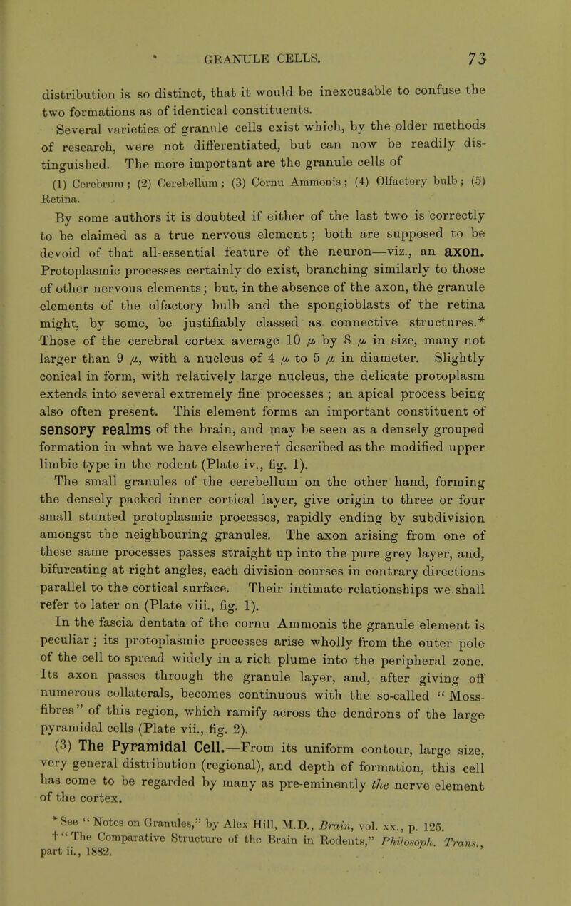 distribution is so distinct, that it would be inexcusable to confuse the two formations as of identical constituents. Several varieties of grannie cells exist which, by the older methods of research, were not differentiated, but can now be readily dis- tinguished. The more important are the granule cells of (1) Cerebrum; (2) Cerebenum; (3) Cornu Ammonis; (4) Olfactory bulb; (5) Retina. By some authors it is doubted if either of the last two is correctly to be claimed as a true nervous element; both are supposed to be devoid of that all-essential feature of the neuron—viz., an axon. Protoi)lasmic processes certainly do exist, branching similarly to those of other nervous elements ; but, in the absence of the axon, the granule elements of the olfactory bulb and the spongioblasts of the retina might, by some, be justifiably classed as connective structures.* Those of the cerebral cortex average 10 /a by 8 in size, many not larger than 9 with a nucleus of 4 to 5 ^o* in diameter. Slightly conical in form, with relatively large nucleus, the delicate protoplasm extends into several extremely fine processes ; an apical process being also often present. This element forms an important constituent of sensory realms of the brain, and may be seen as a densely grouped formation in what we have elsewhere f described as the modified upper limbic type in the rodent (Plate iv., fig. 1). The small granules of the cerebellum on the other hand, forming the densely packed inner cortical layer, give origin to three or four small stunted protoplasmic processes, rapidly ending by subdivision amongst the neighbouring granules. The axon arising from one of these same processes passes straight up into the pure grey layer, and, bifurcating at right angles, each division courses in contrary directions parallel to the cortical surface. Their intimate relationships we shall refer to later on (Plate viii., fig. 1), In the fascia dentata of the cornu Ammonis the granule element is peculiar; its protoplasmic processes arise wholly from the outer pole of the cell to spread widely in a rich plume into the peripheral zone. Its axon passes through the granule layer, and, after giving off numerous collaterals, becomes continuous with the so-called  Moss- fibres  of this region, which ramify across the dendrons of the large pyramidal cells (Plate vii., fig. 2). (3) The Pyramidal Cell.—From its uniform contour, large size, very general distribution (regional), and depth of formation, this cell has come to be regarded by many as pre-eminently the nerve element of the cortex. *See Notes on Granules, by Alex Hill, M.D., Brain, vol. xx., p. 125. tThe Comparative Structure of the Brain in Rodents, Philosoph Tram part ii,, 1882.