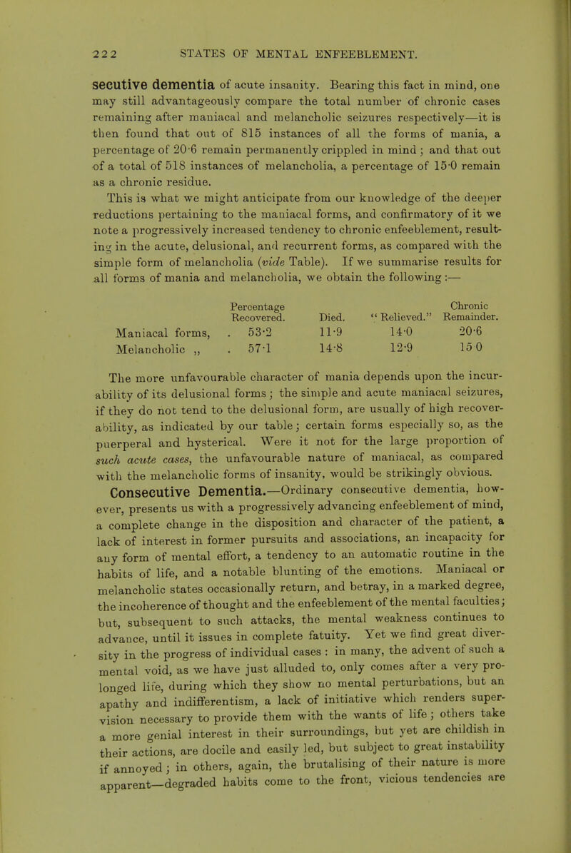 SeCUtive dementia of acute insanity. Bearing this fact in mind, one may still advantageously compare the total number of chronic cases remaining after maniacal and melancholic seizures respectively—it is then found that out of 815 instances of all the forms of mania, a percentage of 20-6 remain permanently crippled in mind ; and that out ■of a total of 518 instances of melancholia, a percentage of 150 remain as a chronic residue. This is what we might anticipate from our knowledge of the deeper reductions pertaining to the maniacal forms, and confirmatory of it we note a progressively increased tendency to chronic enfeeblement, result- ing in the acute, delusional, and recurrent forms, as compai*ed with the simple form of melancholia {vide Table). If we summarise results for all forms of mania and melancholia, we obtain the following :— Percentage Chronic Recovered. Died.  Relieved. Remainder. Maniacal forms, . 53-2 11-9 14-0 20-6 Melancholic „ . 57-1 14-8 12-9 150 The more unfavourable character of mania depends upon the incur- ability of its delusional forms ; the simple and acute maniacal seizures, if they do not tend to the delusional form, are usually of high recover- ability, as indicated by our table; certain forms especially so, as the puerperal and hysterical. Were it not for the large proportion of such acute cases, the unfavourable nature of maniacal, as compared with the melancholic forms of insanity, would be strikingly obvious. Consecutive Dementia.—Ordinary consecutive dementia, how- evei', presents us with a progressively advancing enfeeblement of mind, a complete change in the disposition and character of the patient, a lack of interest in former pursuits and associations, an incapacity for any form of mental efi'ort, a tendency to an automatic routine in the habits of life, and a notable blunting of the emotions. Maniacal or melancholic states occasionally return, and betray, in a marked degree, the incoherence of thought and the enfeeblement of the mental faculties; but, subsequent to such attacks, the mental weakness continues to advance, until it issues in complete fatuity. Yet we find great diver- sity in the progress of individual cases : in many, the advent of such a mental void, as we have just alluded to, only comes after a very pro- longed life, during which they show no mental perturbations, but an apathy and indifferentism, a lack of initiative which renders super- vision necessary to provide them with the wants of life; others take a more genial interest in their surroundings, but yet are childish in their actions, are docile and easily led, but subject to great instability if annoyed; in others, again, the brutalising of their nature is more apparent—degraded habits come to the front, vicious tendencies are