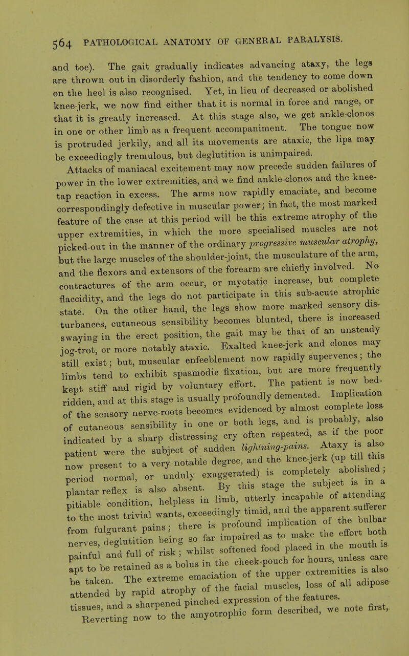 and toe). The gait gradually indicates advancing ataxy, the legs are thrown out in disorderly fashion, and the tendency to come down on the heel is also recognised. Yet, in lieu of decreased or abolished knee-jerk, we now find either that it is normal in force and range, or that it is greatly increased. At this stage also, we get ankle-clonos in one or other limb as a frequent accompaniment. The tongue now is protruded jerkily, and all its movements are ataxic, the lips may be exceedingly tremulous, but deglutition is unimpaired. Attacks of maniacal excitement may now precede sudden failures of power in the lower extremities, and we find ankle-clonos and the knee- tap reaction in excess. The arms now rapidly emaciate, and become correspondingly defective in muscular power; in fact, the most marked feature of the case at this period will be this extreme atrophy of the upper extremities, in which the more specialised muscles are not picked-out in the manner of the ordinary progressive muscular atrophy, but the large muscles of the shoulder-joint, the musculature of the at-m, and the flexors and extensors of the forearm are chiefly involved. ]So contractures of the arm occur, or myotatic increase, but complete flaccidity, and the legs do not participate in this sub-acute atrophic state On the other hand, the legs show more marked sensory dis- turbances, cutaneous sensibility becomes blunted, there is increased swaying in the erect position, the gait may be that of an unsteady io-trot^ or more notably ataxic. Exalted knee-jerk and clonos may still exist; but, muscular enfeeblement now rapidly supervenes; the limbs tend to exhibit spasmodic fixation, but are more frequently kept stiff and rigid by voluntary effort. The patient is now bed- ridden and at thit stage is usually profoundly demented. Implication of the'sensory nerve-roots becomes evidenced by almost complete loss- : cutaneous'sensibility in one or both legs, and is proba y a so indicated by a sharp distressing cry of^n repeated, - ^ patient were the subject of sudden l^gJU„^ns. f -J now present to a very notable degree, and the knee-jerk (up 111 this ;:riod^ normal, or — ^^t-^^eThf^^^^^^ t^jtlZ:^:^ lfm'b,::t^^ncapab. ^of attending from fulwurant pains tliere is piuiuuivA 1 pj^nful and full of ^^ ' cheek-pouch for hours, unless care apt to be -^7;^^ - ; ^on of the upper extremities is also