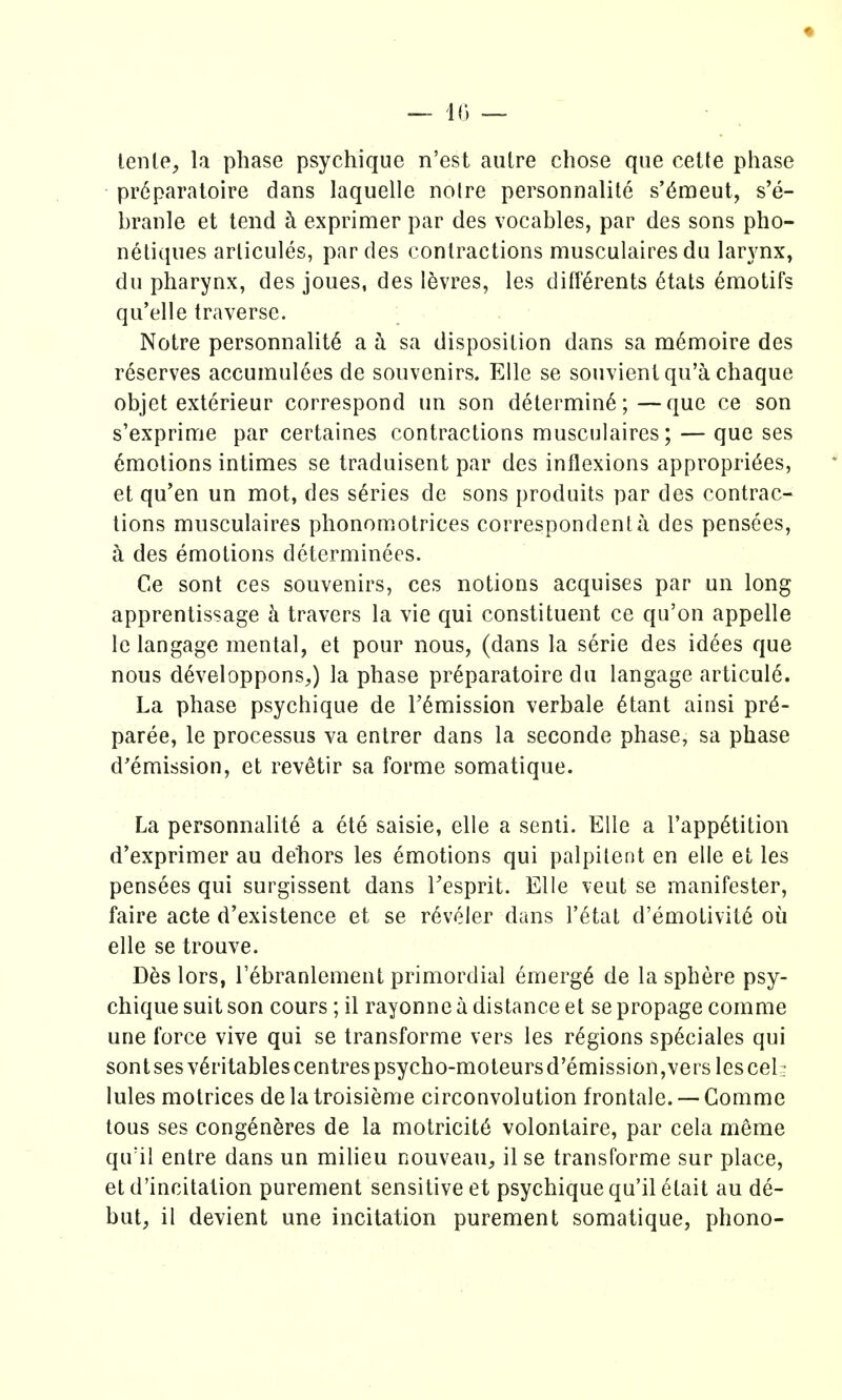 — iC) — lenle, l.i phase psychique n'est autre chose que cette phase pr6paratoire dans laquelle noire personnalite s'6meut, s'e- branle et tend h exprimer par des vocables, par des sons pho- netiques arlicules, par des contractions musculaires du larynx, dii pharynx, des joues, des levres, les differents 6tats emotifs qii'elle traverse. Noire personnalite a ci sa disposition dans sa m6moire des reserves accumulees de souvenirs. Elle se souvientqu'a chaque objet exterieur correspond un son determine;—que ce son s'exprinrie par certaines contractions musculaires; — que ses emotions inlimes se traduisent par des inflexions appropri^es, et qu'en un mot, des series de sons produits par des contrac- tions musculaires phonomotrices correspondent a des pensees, ti des emotions dcterminees. Ce sont ces souvenirs, ces notions acquises par un long apprentissage travers la vie qui constituent ce qu'on appelle lelangage mental, et pour nous, (dans la serie des idees que nous d^veloppons^) la phase pr^paratoire du langage articule. La phase psychique de remission verbale 6tant ainsi prd- paree, le processus va entrer dans la seconde phase, sa phase d'emission, et revetir sa forme somatique. La personnalite a ete saisie, elle a senii. Elle a I'app^tition d'exprimer au dehors les emotions qui palpilent en elle et les pensees qui surgissent dans Tesprit. Elle veut se manifester, faire acte d'existence et se reveler dans I'etat d'emotivit6 ou elle se trouve. Des lors, I'ebranlement primordial emerg^ de la sphere psy- chique suit son cours ; il rayonne a distance et se propage comme une force vive qui se transforme vers les regions sp6ciales qui sont ses v^ritables centres psycho-moieursd'emission,vers les eel ; lules motrices de la troisieme circonvolution frontale. — Comme tous ses cong^neres de la motricit6 volontaire, par cela meme qu'il entre dans un miUeu nouveau^ il se transforme sur place, et d'incitation purement sensitive et psychique qu'il etait au de- but, il devient une incitation purement somatique, phono-