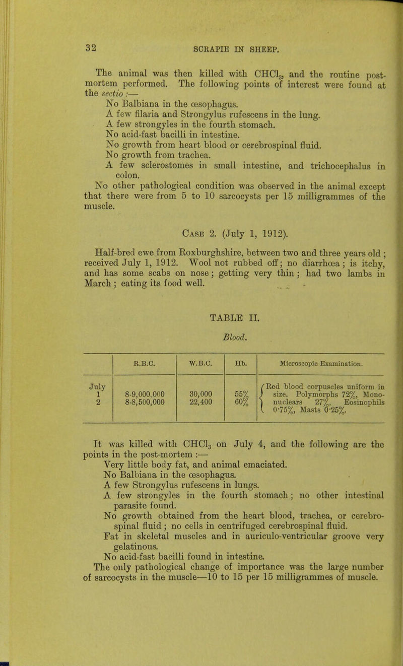 The animal was then killed with CHCI3, and the routine post- mortem performed. The following points of interest were found at the sectio:— No Balbiana in the oesophagus. A few filaria and Strongylus rufescens in the lung. A few strongyles in the fourth stomach. No acid-fast bacilli in intestine. No growth from heart blood or cerebrospinal fluid. No growth from trachea. A few sclerostomes in small intestine, and trichocephalus in colon. No other pathological condition was observed in the animal except that there were from 5 to 10 sarcocysts per 15 milligrammes of the muscle. Case 2. (July 1, 1912). Half-bred ewe from Roxburghshire, between two and three years old ; received July 1, 1912. Wool not rubbed off; no diarrhoea; is itchy, and has some scabs on nose; getting very thin; had two lambs in March; eating its food weU. TABLE II. Blood. R.B.C. W.B.C. Hb. Microscopic Examination. July 1 2 8-9,000,000 8-8,500,000 30,000 22,400 60% /Ked blood corpuscles uniform in ) size. Polymorphs 72%, Mono- j nuclears 27%, Eosinophils \ 0-75%, Masts 0-25%. It was killed with CHCI3 on July 4, and the following are the points in the post-mortem :— Very little body fat, and animal emaciated. No Balbiana in the oesophagus. A few Strongylus rufescens in lungs. A few strongyles in the fourth stomach; no other intestinal parasite found. No growth obtained from the heart blood, trachea, or cerebro- spinal fluid; no cells in centrifuged cerebrospinal fluid. Fat in skeletal muscles and in auriculo-ventricular groove very gelatinous. No acid-fast bacilli found in intestine The only pathological change of importance was the large number of sarcocysts in the muscle—10 to 15 per 15 milligrammes of muscle.