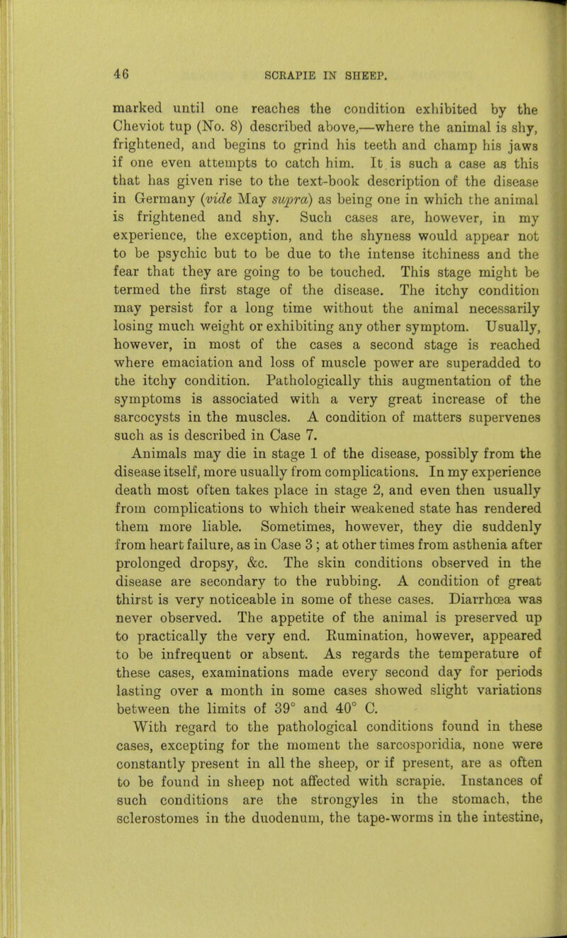 marked until one reaches the condition exhibited by the Cheviot tup (No. 8) described above,—where the animal is shy, frightened, and begins to grind his teeth and champ his jaws if one even attempts to catch him. It is such a case as this that has given rise to the text-book description of the disease in Germany {vide May supra) as being one in which the animal is frightened and shy. Such cases are, however, in my experience, the exception, and the shyness would appear not to be psychic but to be due to the intense itchiness and the fear that they are going to be touched. This stage might be termed the first stage of the disease. The itchy condition may persist for a long time without the animal necessarily losing much weight or exhibiting any other symptom. Usually, however, in most of the cases a second stage is reached where emaciation and loss of muscle power are superadded to the itchy condition. Pathologically this augmentation of the symptoms is associated with a very great increase of the sarcocysts in the muscles. A condition of matters supervenes such as is described in Case 7. Animals may die in stage 1 of the disease, possibly from the disease itself, more usually from complications. In my experience death most often takes place in stage 2, and even then usually from complications to which their weakened state has rendered them more liable. Sometimes, however, they die suddenly from heart failure, as in Case 3 ; at other times from asthenia after prolonged dropsy, &c. The skin conditions observed in the disease are secondary to the rubbing. A condition of great thirst is very noticeable in some of these cases. Diarrhoea was never observed. The appetite of the animal is preserved up to practically the very end. Kumination, however, appeared to be infrequent or absent. As regards the temperature of these cases, examinations made every second day for periods lasting over a month in some cases showed slight variations between the limits of 39° and 40° C. With regard to the pathological conditions found in these cases, excepting for the moment the sarcosporidia, none were constantly present in all the sheep, or if present, are as often to be found in sheep not affected with scrapie. Instances of such conditions are the strongyles in the stomach, the sclerostomes in the duodenum, the tape-worms in the intestine.