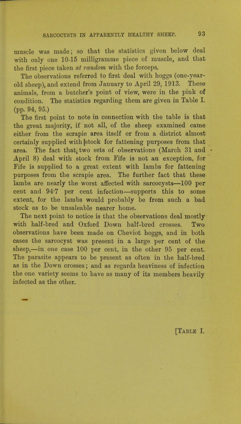 muscle was made; so that the statistics given below deal with only one 10-15 milligramme piece of muscle, and that the first piece taken at random with the forceps. The observations referred to first deal with hoggs (one-year- old sheep), and extend from January to April 29, 1913. These animals, from a butcher's point of view, were in the pink of condition. The statistics regarding them are given in Table I. (pp. 94, 95.) The first point to note in connection with the table is that the great majority, if not all, of the sheep examined came either from the scrapie area itself or from a district almost certainly supplied with fstock for fattening purposes from that area. The fact thatj two sets of observations (March 31 and ' April 8) deal with stock from Fife is not an exception, for Fife is supplied to a great extent with lambs for fattening purposes from the scrapie area. The further fact that these lambs are nearly the worst affected with sarcocysts—100 per cent and 947 per cent infection—supports this to some extent, for the lambs would probably be from such a bad stock as to be unsaleable nearer home. The next point to notice is that the observations deal mostly with half-bred and Oxford Down half-bred crosses. Two observations have been made on Cheviot hoggs, and in both cases the sarcocyst was present in a large per cent of the sheep,—in one case 100 per cent, in the other 95 per cent. The parasite appears to be present as often in the half-bred as in the Down crosses; and as regards heaviness of infection the one variety seems to have as many of its members heavily infected as the other. [Table I.