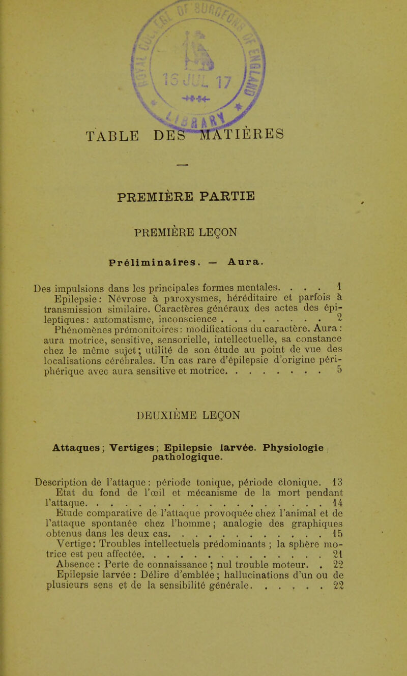 PREMIERE PARTIE PREMIERE LEQON Preliminaires. — Aura. Des impulsions dans les principals formes mentales. . . . 1 Epilepsie: Nevrose a paroxysmes, h6reditaire et parfois a transmission similaire. Caracteres g6n6raux des actes des epi- leptiques: automatisme, inconscience 2 Phenomenes pr6monitoires: modifications da caractere. Aura : aura motrice, sensitive, sensorielle, intellectuelle, sa Constance chez le meme sujet; utilite de son etude au point de vue des localisations cerebrales. Un cas rare d'epilepsie d'origine peri- pherique avec aura sensitive et motrice 5 DEUXIEME LEQON Attaques; Vertiges; Epilepsie iarvee. Physiologie , pathologique. Description de l'attaque: periode tonique, p6riode clonique. 13 Etat du fond de Tceil et m^canisme de la mort pendant l'attaque 14 Etude comparative de l'attaque provoquee chez l'animal et de l'attaque spontanea chez l'homme; analogie des graphiques obtenus dans les deux cas 15 Vertige: Troubles intellectuals predominants ; la sphere mo- trice est peu affcctee 21 Absence : Perte de connaissance ; nul trouble moteur. . 22 Epilepsie larv6e : Delire d'emblee; hallucinations d'un ou de plusicurs sens et de la sensibility g6nerale. . . T . . 22