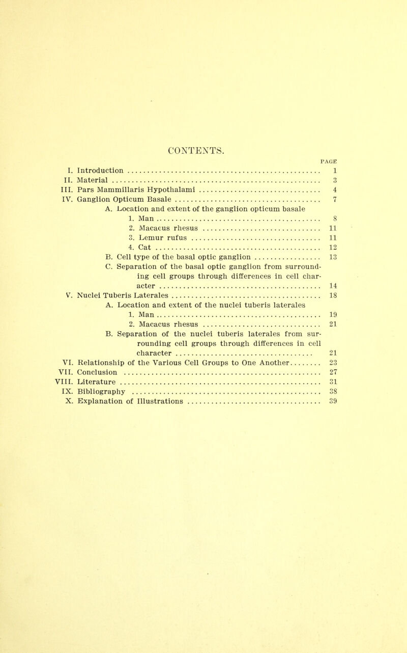 CONTENTS. PAGE I. Introduction 1 II, Material 3 III. Pars Mammillaris Hypothalami 4 IV. Ganglion Opticum Basale 7 A. Location and extent of the ganglion opticum basale 1. Man 8 2. Macacus rhesus 11 3. Lemur rufus 11 4. Cat 12 B. Cell type of the basal optic ganglion 13 C. Separation of the basal optic ganglion from surround- ing cell groups through differences in cell char- acter 14 V. Nuclei Tuberis Laterales 18 A. Location and extent of the nuclei tuberis laterales 1. Man 19 2. Macacus rhesus 21 B. Separation of the nuclei tuberis laterales from sur- rounding cell groups through differences in cell character 21 VI. Relationship of the Various Cell Groups to One Another 23 VII. Conclusion 27 VIII. Literature 31 IX. Bibliography 38 X. Explanation of Illustrations 39