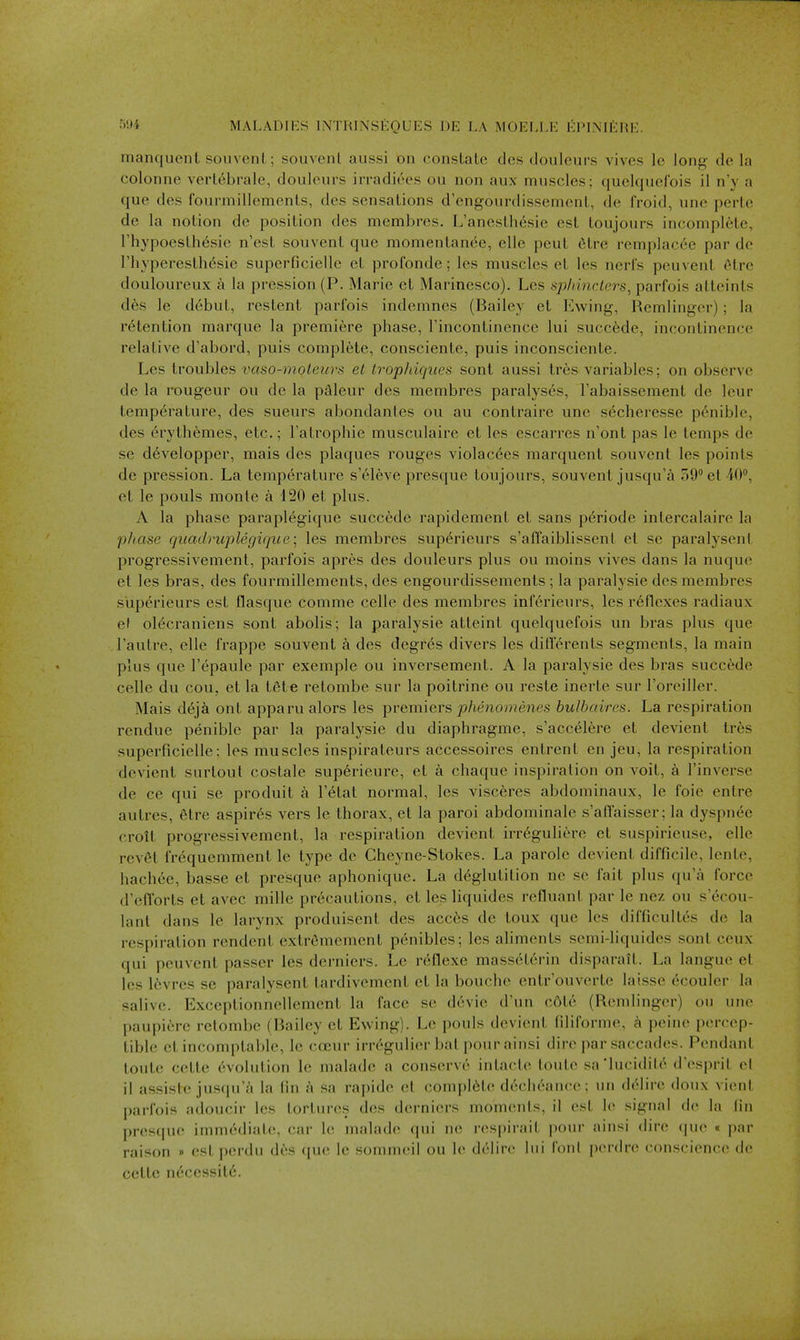 MALADIKS INIHINSEQUES l)K LA MOELI.K Kl'IMKRK manquent souvent; souvenl aussi on conslatc dcs doulcurs vives le long- de la colonne vert6brale, douleurs irradiees ou non aux muscles: quelquefois il n'y a que des fourmillements, des sensations d'engourdissement, de froid, une pertc de la notion de position des membres. L'anesthesie est toujonrs incomplete, rhypoeslhesic n'est souvent que momentanee, elle pent 6tre remplacee par de riivperesth^sie superficiellc et profonde; les muscles et les neris peuvent 6tre douloureux a la pression (P. Marie et Marinesco). Les sphincters, parfois atteints des le debut, restent parfois indemnes (Bailey et Ewing, Remlingcr); la retention marque la premiere phase, I'incontinencc lui succ6de, incontinence relative d'abord, puis complete, consciente, puis inconsciente. Les troubles vaso-moleura et trophiques sont aussi tres variables; on observe de la rongeur ou de la pAleur des membres paralyses, Fabaissement de leur temperature, des sueurs abondantes ou au contraire une secheresse pdnible, des 6ryth6mes, etc.; I'atrophie musculaire et les escarres n'ont pas le temps de se d6velopper, mais des plaques rouges violac6es marquent souvent les points de pression. La temperature s'61eve presque toujonrs, souvent jusqu'a 59 el 40°, et le pouls monte a 120 et plus. A la phase paraplegique succede rapidement et sans periode intercalaire la p/tase quadruplegique\ les membres sup^rieurs s'affaiblissenl el se paralysent progressivement, parfois apres des douleurs plus ou moins vives dans la nuque et les bras, des fourmillements, des engourdissements ; la paralysie des membres superieurs est flasque comme celle des membres inferieurs, les reflexes radiaux el ol($craniens sont abolis; la paralysie atteint quelquefois un bras plus que I'autre, elle frappe souvent a des degr6s divers les dill'erents segments, la main plus que I'epaule par exemple ou inversement. A la paralysie des bras succede celle du cou, et la t6te retombe sur la poitrine ou reste inerte sur I'oreiller. Mais d6j& out apparualors les premiers j3/ie'no»?e7ies bulbaires. La respiration rendue penible par la paralysie du diaphragme, s'accelere et devient tres superficielle; les muscles inspirateurs accessoires entrent en jeu, la respiration devient surlout costale superieure, et a chaque inspiration on volt, a I'inverse de ce qui se produit a I'etat normal, les visceres abdominaux, le foie entre autres, etre aspires vers le thorax, et la parol abdominale s'affaisser; la dyspn^e croit progressivement, la respiration devient irr6guliere et suspirieuse, elle rev6t frequemment le type de Gheyne-Stokes. La parole devient difficile, lente, hachee, basse et presque aphonique. La deglutition ne se fait plus qu'a force d'efl'orts et avec mille pr(^cautions, et les liquides refluant par le nez ou s'6cou- lanl dans le larynx produisent des acc6s de toux que les difficultes de la respiration rendent extr6mement penibles; les aliments scmi-liquides sont ceux qui peuvent passer les derniers. Le r6flexe masseterin disparait. La langue et les I6vres se paralysent tardivement et la bouche entr ouverte laisse ecouler la salivc. Exccptionnellement la face se devie d'un c6te (Remlingcr) ou une paupicre retombe (Bailey et Ewing). Le pouls devient filiforme, k peine percep- tible et incomptable, le coeur irregulier bat pour ainsi dire parsaccades. Pendant toute cctte Evolution le malade a conserve intacte toute sa'luciditc^ d'esprit el il assiste jusqu'^i la fin a sa rapide et complete decheance; un d(51irc donx vient parfois adoucir les tortures dcs derniers moments, il est le signal de la fin presque immediate, car le malade qui ne respiniit pour ainsi dire (jue « par raison » est [)erchi des que Ic sommeil ou le delin- liii foul pei'dre conscicMire de celte necfssilc.