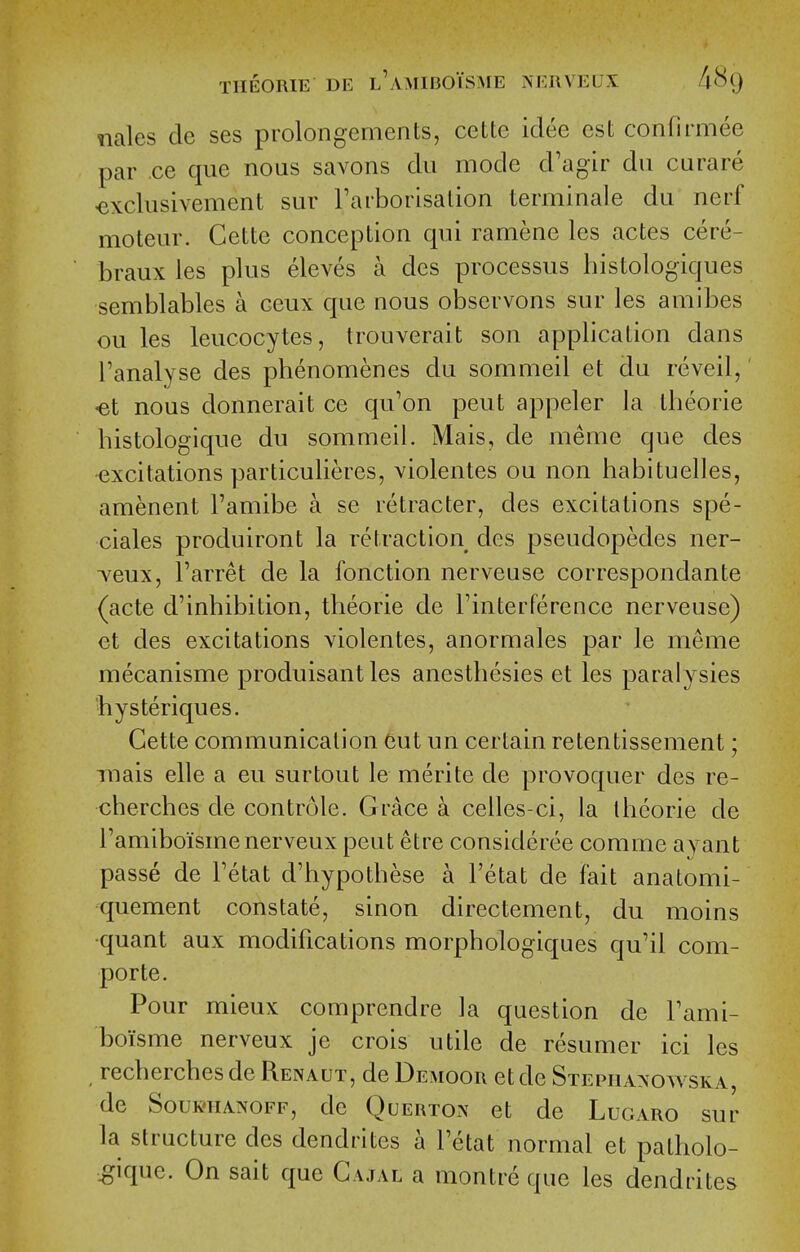 nales de ses prolongements, cette idee est confirmee par ce que nous savons du mode d'agir du curare -exclusivement sur Tarborisalion terminale du nerf moteur. Cette conception qui ramene les actes cere- braux les plus eleves a des processus histologiques semblables a ceux que nous observons sur les amibes ou les leucocytes, trouverait son application dans Tanalyse des phenomenes du sommeil et du reveil,' -et nous donnerait ce qu'on pent appeler la tbeorie histologique du sommeil. Mais, de meme que des excitations particulieres, violentes ou non habituelles, amenent I'amibe a se retracter, des excitations spe- ciales produiront la retraction des pseudopedes ner- •veux, I'arret de la fonction nerveuse corresponclante (acte d'inhibition, tbeorie de Finterference nerveuse) et des excitations violentes, anormales par le meme mecanisme produisant les anestbesies et les paralysies hysteriques. Cette communication Gut un certain retentissement; inais elle a eu sur tout le merite de provoquer des re- cherches de controle. Grace a celles-ci, la tbeorie de Tamiboismenerveux pent etre consideree comme ayant passe de Fetat d'hypotbese a Fetat de fait anatomi- quement constate, sinon directement, du moins •quant aux modifications morphologiques qu'il com- porte. Pour mieux comprendre la question de Fami- boi'sme nerveux je crois utile de resumer ici les recbercbes de Renaut, de Demoor et de Stephaxowska, de SoumiANOFF, de Querto.x et de Lugaro sur la structure des dendrites a Fetat normal et patbolo- :gique. On sait que Gajal a montre que les dendrites