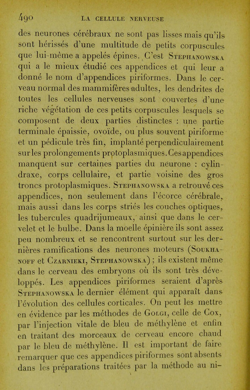 des neurones cerebraux ne sont pas lisses mais qu'ils sont herisses d'une multitude de petits corpuscules que lui-meme a appeles epines. C'est Stephanowska qui a le mieux etudie ces appendices et qui leur a donne le nom d'appendices piriformes. Dans le cer- veau normal des mammiferestidultes, les dendrites de toutes les cellules nerveuses sont couvertes d'une riche vegetation de ces petits corpuscules lesquels se composent de deux parties distinctes : une partie terminale epaissie, ovoide, ou plus souvent piriforme et un pedicule tres fm, implante perpendiculairement surles prolongements pro toplasmiques. Ces appendices manquent sur certaines parties du neurone : cylin- draxe, corps cellulaire, et partie voisine des gros troncs protoplasmiques. Stephanoaa'Sra a retrouveces appendices, non seulement dans I'ecorce cerebrale^ mais aussi dans les corps stries les couches optiqueSy les tubercules quadrijumeaux, ainsi que dans le cer- velet et le bulbe. Dans la moelle epiniere ils sont assez peu nombreux et se rencontrent surtout sur les der- nieres ramifications des neurones moteurs (Soukha- NOFF et CzARNiEKi, Stephanowska) ; ils existent meme dans le cerveau des embryons ou ils sont tres deve- loppes. Les appendices piriformes seraient d'apres Stephanowska le dernier element qui apparait dans revolution des cellules corticales. On peut les mettre en evidence par les methodes de Golgi, celle de Cox, par I'injection vitale de bleu de methylene et enfin en traitant des morceaux de cerveau encore chaud par le bleu de methylene. II est important dc faire rcmarquer que ces appendices piriformes sont absents dans les preparations traitecs par la mcthodc au ni-