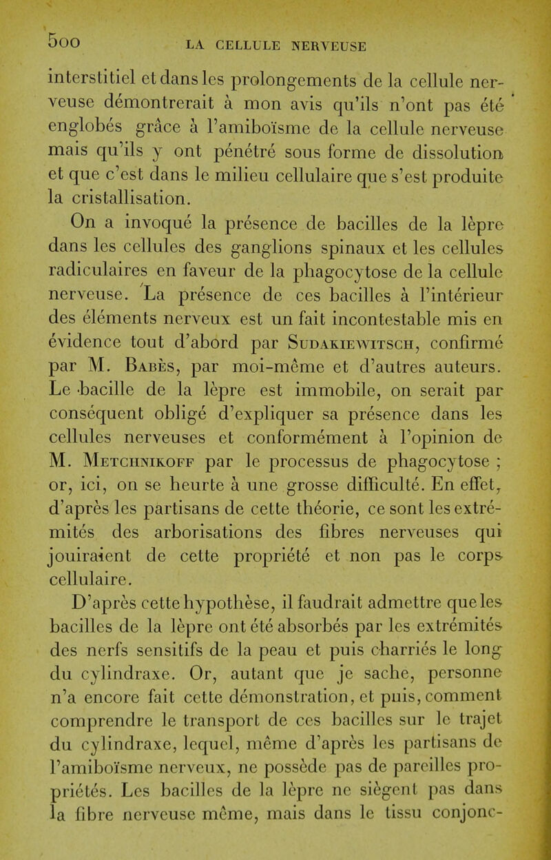 interstitiel etdansles prolongements de la cellule ner- veuse demontrerait a mon avis qu'ils n'ont pas ete * englobes grace a ramiboisme de la cellule nerveuse mais qu'ils y ont penetre sous forme de dissolution et que c'est dans le milieu cellulaire que s'est produite la cristallisation. On a invoque la presence de bacilles de la lepre dans les cellules des ganglions spinaux et les cellules radiculaires en faveur de la phagocytose de la cellule nerveuse. Xa presence de ces bacilles a I'interieur des elements nerveux est un fait incontestable mis en evidence tout d'abord par Sudakiewitsch, confirme par M. Babes, par moi-meme et d'autres auteurs. Le -bacille de la lepre est immobile, on serait par consequent oblige d'expliquer sa presence dans les cellules nerveuses et conformement a I'opinion de M. Metchnikoff par le processus de phagocytose ; or, ici, on se heurte a une grosse difFiculte. En effet, d'apres les partisans de cette th^orie, ce sont les extre- mites des arborisations des fibres nerveuses qui jouiraient de cette propriete et non pas le corps cellulaire. D'apres cette hypothese, il faudrait admettre que les bacilles de la lepre ont ete absorbes par les extremites des nerfs sensitifs de la peau et puis charries le long du cylindraxe. Or, autant que je sache, personne n'a encore fait cette demonstration, et puis, comment comprendre le transport de ces bacilles sur le trajct du cylindraxe, lequcl, meme d'apres les partisans de I'amiboisme nerveux, ne possede pas de parcilles pro- prietes. Les bacilles de ]a lepre ne siegcnl pas dans : la fibre nerveuse meme, mais dans le tissu conjonc- -