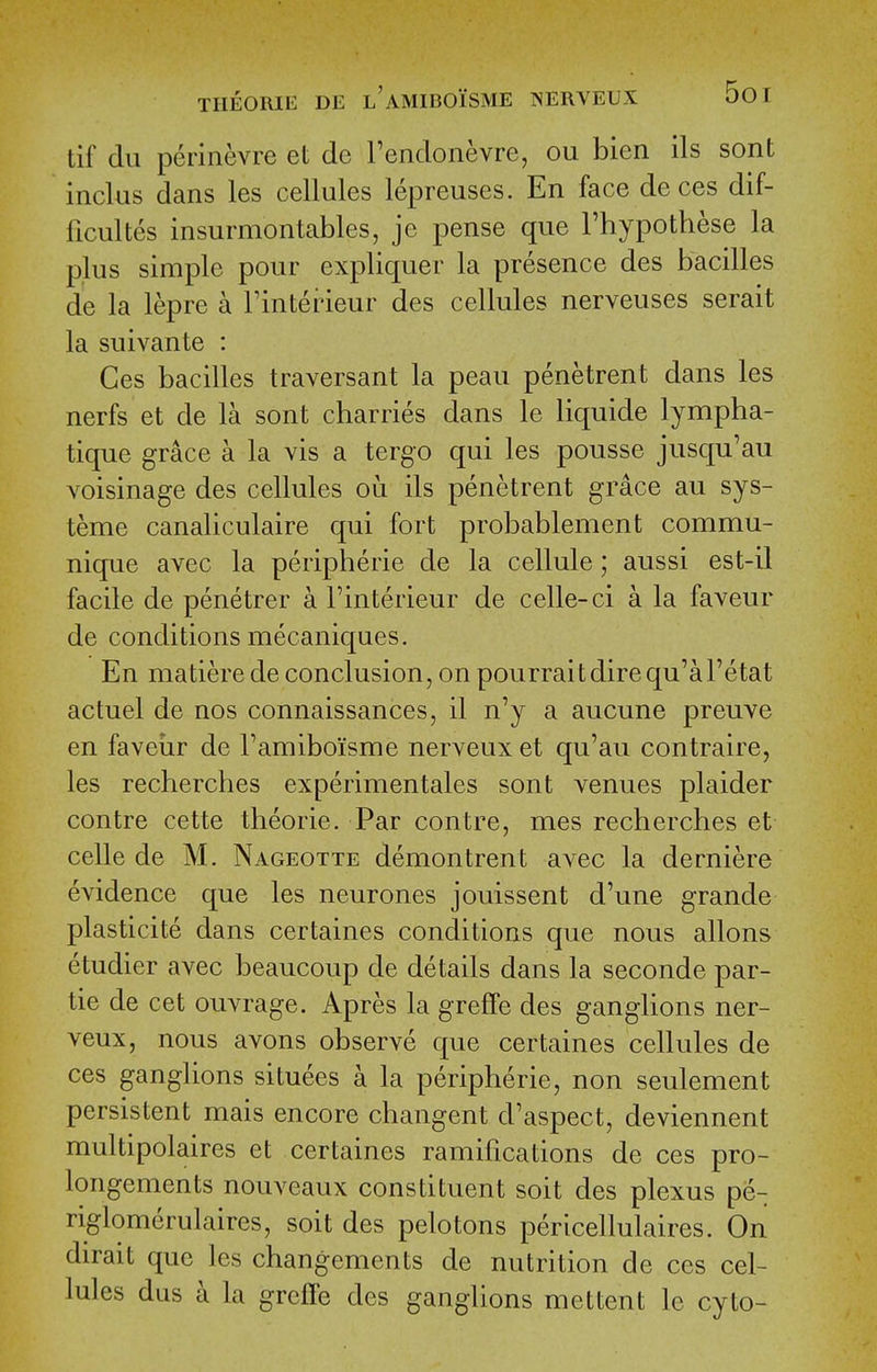 tif dii perinevre et de Tendonevre, ou bien ils sont inclus dans les cellules lepreuses. En face de ces dif- ficultes insurmontables, je pense que I'hypothese la plus simple pour expliquer la presence des bacilles de la lepre a Finterieur des cellules nerveuses serait la suivante : Ces bacilles traversant la peau penetrent dans les nerfs et de la sont charries dans le liquide lympha- tique grace a la vis a tergo qui les pousse jusqu'au voisinage des cellules ou ils penetrent grace au sys- teme canaliculaire qui fort probablement commu- nique avec la peripheric de la cellule; aussi est-il facile de penetrer a Finterieur de celle-ci a la faveur de conditions mecaniques. En matiere de conclusion, on pourrai t dire qu'aFetat actuel de nos connaissances, il n'y a aucune preuve en faveiir de Famiboiisme nerveux et qu'au contraire, les recherches experimentales sont venues plaider contre cette theorie. Par contre, mes recherches et celle de M. Nageotte demontrent avec la derniere evidence que les neurones jouissent d'une grande plasticite dans certaines conditions que nous allons etudier avec beaucoup de details dans la seconde par- tie de cet ouvrage. Apres la greffe des ganglions ner- veux, nous avons observe que certaines cellules de ces ganglions situees a la peripheric, non seulement persistent mais encore changent d'aspect, deviennent multipolaires et certaines ramifications de ces pro- longements nouveaux constituent soit des plexus pe- riglomerulaires, soit des pelotons pericellulaires. On dirait que les changements de nutrition de ces cel- lules dus a la greffe des ganglions mettent le cyto-