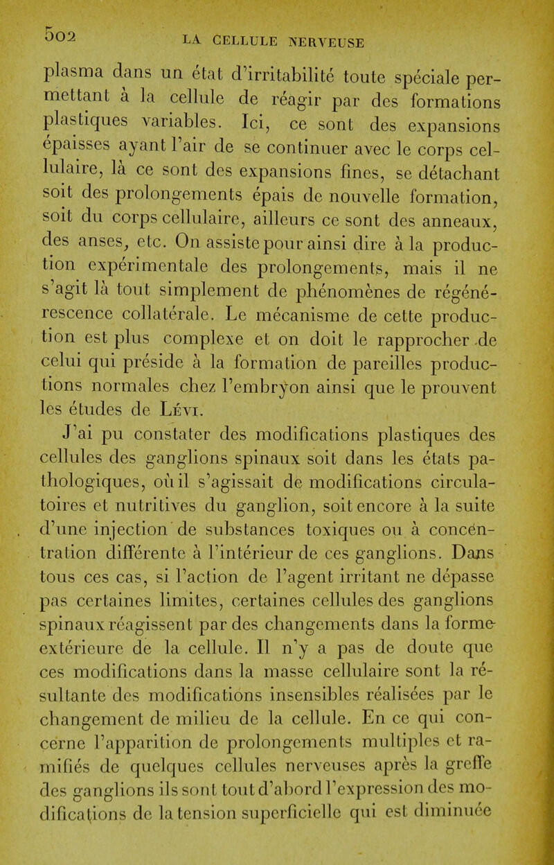 plasma dans un etat d'irritabilite toute speciale per- mettant a la cellule de reagir par des formalions plastiques variables. Ici, ce sont des expansions epaisses ayant Fair de se continuer avec le corps cel- lulaire, la ce sont des expansions fines, se detachant soit des prolongements epais de nouvelle formation, soit du corps cellulairc, ailleurs ce sont des anneaux, des anses, etc. On assistepoiir ainsi dire a la produc- tion experimentale des prolongements, mais il ne s'agit la tout simplement de phenomenes de regene- rescence collaterale. Le mecanisme de cette produc- tion est plus complexe et on doit le rapprocher -de celui qui preside a la formation de pareilles produc- tions normales chez I'embryon ainsi que le prouvent les etudes de Levi. J'ai pu constater des modifications plastiques des cellules des ganglions spinaux soit dans les etats pa- thologiques, ouil s'agissait de modifications circula- toires et nutritives du ganglion, soit encore a la suite d'une injection de substances toxiques ou a concen- tration differente a I'interieur de ces ganglions. Dans tous ces cas, si Taction de I'agent irritant ne depasse pas certaines limites, certaines cellules des ganglions spinaux rcagissent par des changements dans la forme- ex terieure de la cellule. II n'y a pas de doute que ces modifications dans la masse cellulaire sont la re- sultante des modifications insensibles realisees par le changement de milieu de la cellule. En ce qui con- cerne Tapparition de prolongements multiples et ra- mifies de quelques cellules nerveuses apres la greffe des ganglions ilssont toutd'abordfexpression des mo- difical(ions de la tension supcrficicllc qui est diminuee