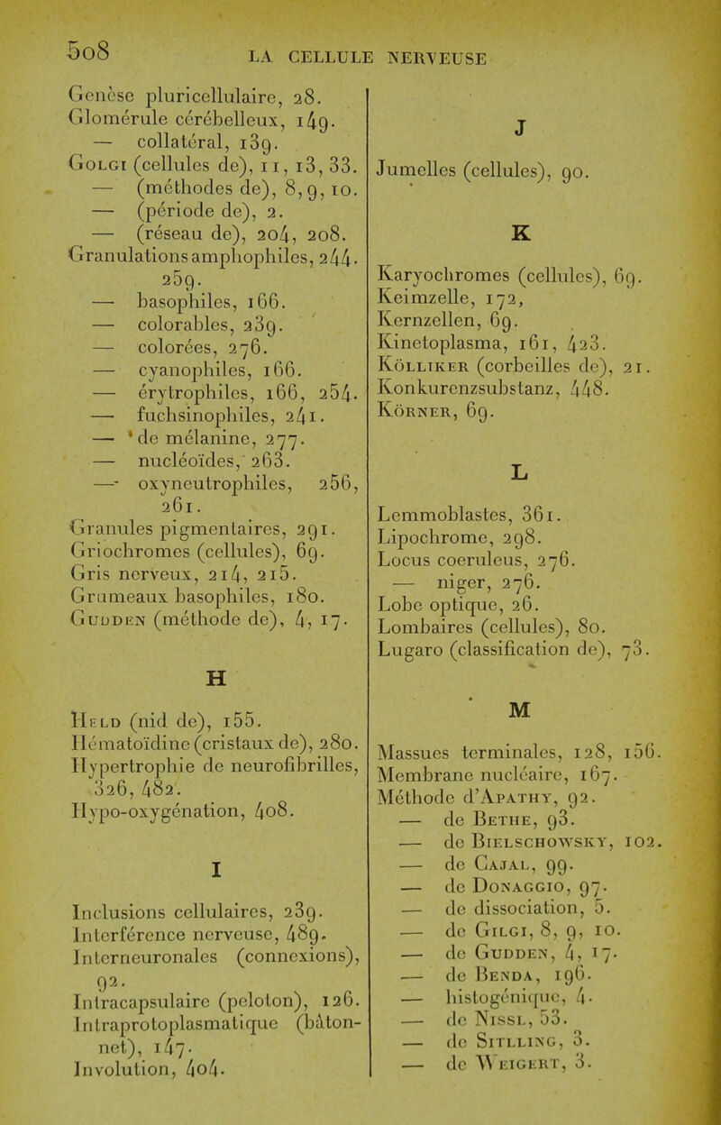 Genese pluriccllulaire, 28. Glomerule ccrebelleux, i/ig. — collateral, iSg. GoLGi (cellules de), 11, i3, 33. — (methodes de), 8,9, 10. — (periode de), 2. — (reseau de), 20/i., 208. Granulations ampliophiles, 244- 259. — hasophiles, 166. — colorables, 239. — colorces, 276. — cyanophiles, 166. — erytrophiles, 166, 254. — fuchsinophiles, 241. — *de melanine, 277. — nucleoides, 263. —^- oxyneutrophiles, 2 56, 261. Granules pigmentaires, 291. Griochromes (cellules), 69. Gris nerveux, 2i4, 2i5. Grameaux basophiles, 180. GuuDiJN (methode de), 4? 17- H Held (nid de), i55. Hcmatoidine(cristaux de), 280. Ilypertrophle de neurofibrilles, 326, 482. Hypo-oxygenation, 4o8, I Inclusions cellulaires, 239. Interference nerveuse, 489. Interneuronales (connexions), 92. Inlracapsulairc (peloton), 126. Inlraprotoplasmatique (bil ton- net), 147. Involution, 4o4. J Jumelles (cellules), 90. K Karyochromes (cellules), 69. Keimzelle, 172, Kernzellen, 69. Kinetoplasma, 161, 423. KoLLTKER (corbeilles de), 21. Konkurenzsubstanz, 448. KoRNER, 69. L Lemmoblastes, 361. Lipochrome, 298. Locus coeruleus, 276. — niger, 276. Lobe optique, 26. Lombaires (cellules), 80. Lugaro (classification de), 73. M Massues terminales, 128, loG Membrane nuclcaire, 167. Methode d'ApATHY, 92. — de Bethe, 93. do BlELSCHOWSKY, 102 — de Gajal, 99. — de DoNAGCro, 97. — de dissociation, 5. — de GiLGi, 8, 9, 10. — de GuDDEN, 4, 17- — de Benda, 196. — histog('ni{{iie, 4- — do NissL, 53. de SlTLLlNG, 3. — dc Weigert, 3.