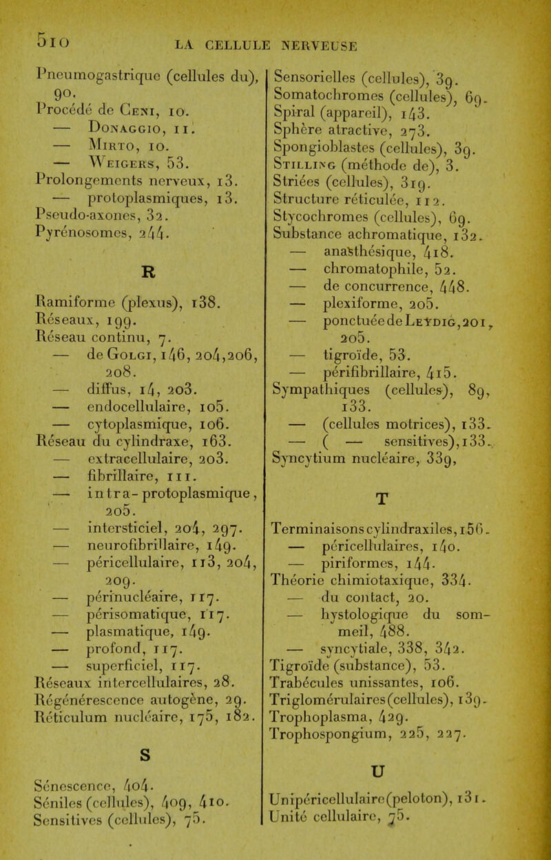 OIO LA CELLUL Pneumogastriquc (cellules du), 90, Procede de Geni, 10. DONAGGIO, II. MiRTO, 10. — Weigers, 53. Prolongements nerveux, i3. — protoplasmiques, i3. Psoudo-axones, 32. P^renosomes, R Ramiforme (plexus), i38. Reseaux, 199. Reseau continu, 7. — de GoLGi, i46, 2o4,2o6, 208. — difFus, i4, 2o3. — endocellulaire, io5. — cytoplasmique, 106. Reseau du cylindraxe, i63. — extracellulaire, 2o3. — fibrillaire, iii. — intra- protoplasmique, 2o5. — intersticiel, 2o4, 297, — neurofibrillaire, 1^9. — pericellulaire, 1x3, 20/i, ^209. — perinucleaire, 117. — perisomatique, 117. — plasmatique, 1/I9. — profond, 117. — superficiel, 117. Reseaux iritercellulaires, 28. Regeneresccnce aiitogSne, 29. Reticulum nuclcaire, 176, 182, s Senescence, [\ol\. Seniles (cellules), /109, 4io. Sensitives (cellules), 7-5. E NERVEUSE Sensorielles (cellules), 39. Somatochromes (cellules), 69. Spiral (apparcil), i43. Sphere atractive, 273. Spongioblastes (cellules), 39. Stilling (methode de), 3. Striees (cellules), 319, Structure reticulee, 112. Stycochromes (cellules), 69. Substance achromatique, i32. — ana^thesique, 418. — chromatophile, 52. — de concurrence, txkS. — plexiforme, 2o5. — ponctueedeLEYDiG,20i, 2o5. — tigroide, 53. — perifibrillaire, 4i5. Sympathiques (cellules), 89, i33. — (cellules motrices), i33. — ( — sensitives), 133 > Syncytium nucleaire, 339, T Terminaisons cylindraxiles ,150, — poricellulaires, i4o. — piriformes, i44- Theorie chimiotaxique, 334. — du coitact, 20. — hystologiquc du som- meil, 488. — syncytiale, 338, 342. Tigroide (substance), 53. Trabecules unissantes, 106. Triglomerulaires (cellules), 139. Trophoplasma, 429. Trophospongium, 2 25, 227. U Unipcricellulaire(peloton), i3i. Unite cellulaire, ^5.