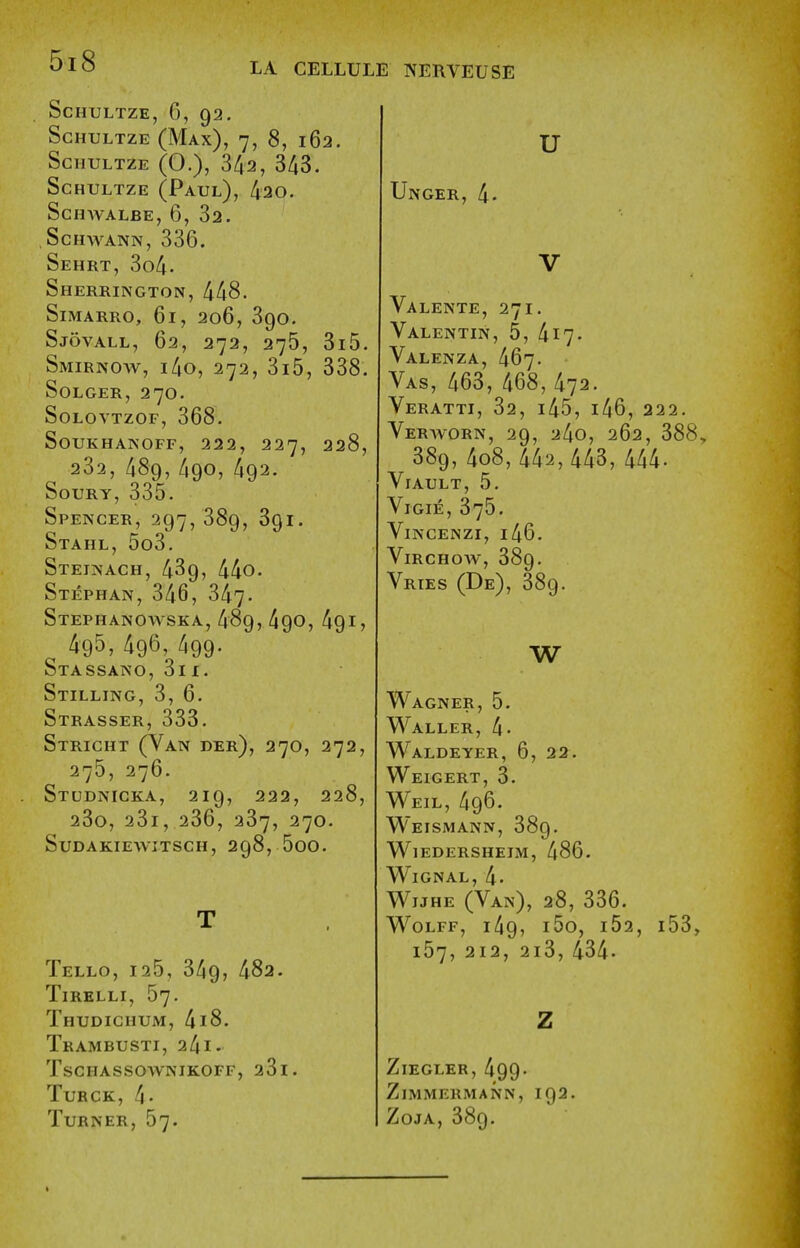 LA CELLULE NERVEUSE SCHULTZE, 6, 92. ScHULTZE (Max), 7, 8, 162. ScHULTZE (0.), 342, 343. ScHULTZE (Paul), 420. schwalbe, 6, 32. Schwann, 336. Sehrt, 3o4- Sherrington, 448. SiMARRO, 61, 206, 390. Sjovall, 62, 272, 275, 3i5. Smirnow, i4o, 272, 3i5, 338. Solger, 270. solovtzof, 368. soukhanoff, 222, 227, 228, 232, 489, 490, 492. Soury, 335. Spencer, 297,389, Sgi. Stahl, 5o3. Steinach, 439, 44o. Stephan, 346, 347. Stephanowska, 489, 490, 491, 495, 496,499. Stassano, 3iI. Stilling, 3, 6. Strasser, 333. Stricht (Van der), 270, 272, 275, 276. Studnicka, 219, 222, 228, 23o, 23i, 236, 237, 270. Sudakiewitsch, 298, 5oo. T Tello, 125, 349, 482. TiRKLLI, 57. Thudichum, 418. Trambusti, 24i. tschassownikoff, 23 i. TURCK, 4- Turner, 57. u Unger, 4. V Valente, 271. Valentin, 5, 417. Valenza, 467. Vas, 463, 468, 472. Veratti, 32, i45, i46, 222. Verworn, 29, 24o, 262, 388, 389, 408,442,443, 444. Viault, 5. ViGIE, 375. ViNCENZI, I 46. ViRCHOW, 389. Vries (De), 389. W Wagner, 5. Waller, 4- Waldeyer, 6, 22. Weigert, 3. Weil, 496. Weismann, 389. Wiedersheim, 486. WlGNAL, 4- WiJHE (Van), 28, 336. Wolff, i49, i5o, i52, i53, 157, 212, 2i3, 434. Z ZlEGLER, 499. ZiMMERMANN, I92. ZOJA, 389. I