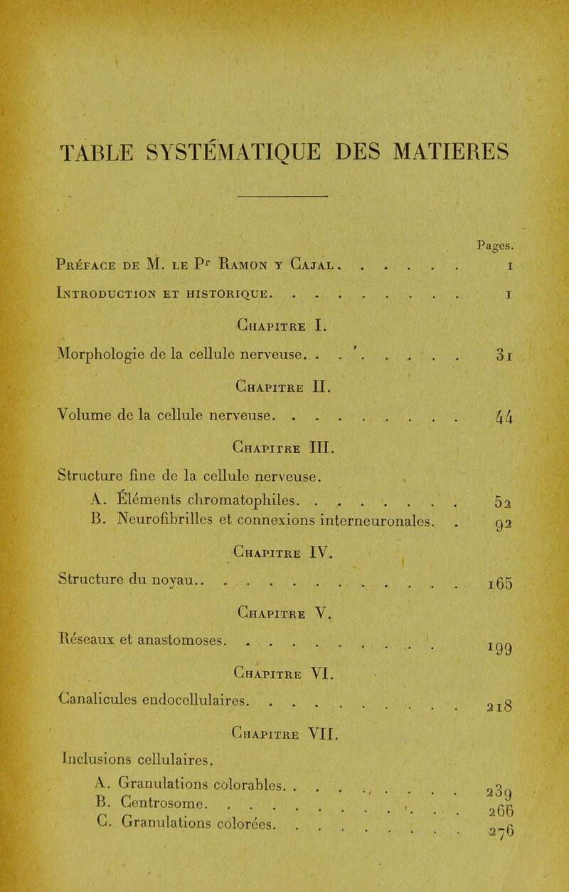 TABLE SYSTEMATIQUE DES MATIERES Pages. Preface de M. le P'' Ramon y Gajal i liNTRODUGTlON ET HISTORIQUE I Ghapitre I. Morphologie de la cellule nerveuse. . . ' 3i Ghapitre II. Volume de la celkde nerveuse 44 Ghapitre III. Structure fine de la cellule nerveuse. A. Elements chromatophiles. 52 B. Neurofibrilles et connexions interneuronales. . 92 Ghapitre IV. Structure du noyau jg5 Ghapitre V. Reseaux et anastomoses ' jgg Ghapitre VI. Ganalicules endocellulaires 2jg Ghapitre VII. Inclusions cellulaires. A, Granulations colorables / . . . , 280 B. Gentrosome , G. Granulations colorces. . . 270