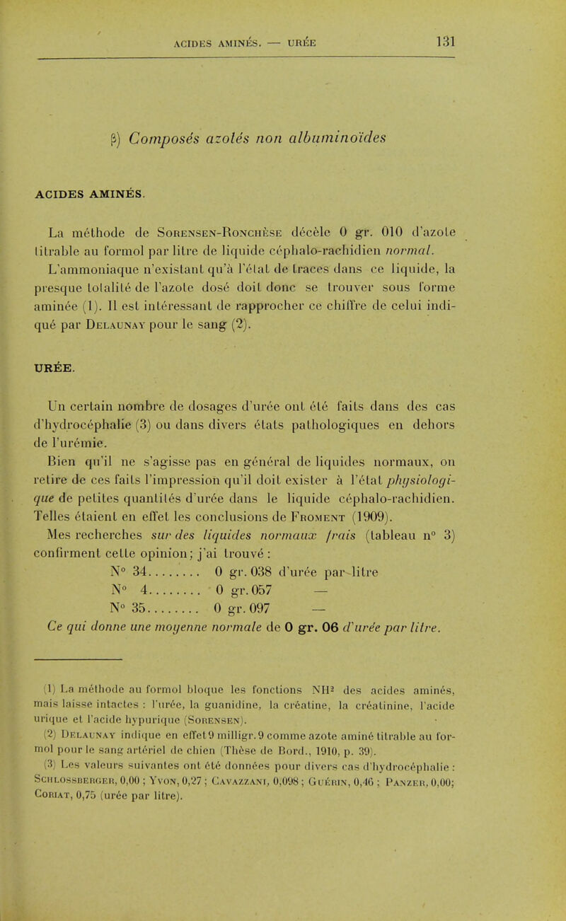 ^) Composes azotes non albumino'ides ACIDES AMINES. La methode de Sorensen-Ronchese dec61e 0 gr. 010 d'azole titrable au formol par litre de liquide ccphalo-rachidien normal. L'ammoniaque n'exislanl qu'a Tetat de traces dans ce liquide, la presque lotalite de I'azole dos6 doil done se trouver sous I'orme aminee (1). II est inleressant de rapprocher ce chiffre de celui indi- qu6 par Delaunay pour le sang (2). UREE. Un certain nombre de dosages d'uree ont ele faits dans des cas d'hydrocephalie (3) ou dans divers etats pathologiques en dehors de I'ur^mie. Bien qu'il ne s'agisse pas en general de liquides normaux, on retire de ces faits I'impression qu'il doit exister a I'etat p/iysiologi- qiie de petites quantites d'ur6e dans le liquide cephalo-rachidien. Telles etaienl en elTet les conclusions de Froment (1909). Mes recherches sur des liquides normaux frais (tableau n 3) confirment cette opinion; j'ai trouve : N° 34 0 gr. 038 d uree par litre N° 4 0 gr.057 — N° 35 Ogr.097 — Ce qui donne une moyenne normale de 0 gr. 06 dhire'e par litre. (1) I.a methode au formol liloque les fonclions NH2 des acides amint^s, mais laisse intactes : i'lirec, la guanidine, la creatine, la creatinine, Tacide ui'ique el I'acide hypuriqne (Sorensen). (2) Delaunay indifjue en eflet9 milligr.9 comme azote amin6 titrable au for- mol pour le sang arlciriel do chien (Thise de Bord., 1910, p. 39). (3) Les valours suivantes onl 6t6 donn6es pour divers cas d'hydrocopiialie : ScHLOssDERGEH, 0,00 ; YvoN, 0,27 ; Cavazzani, 0,098 ; GuEniN, 0,4G ; Panzeu, 0,00; CoRiAT, 0,75 (ur6e par litre).