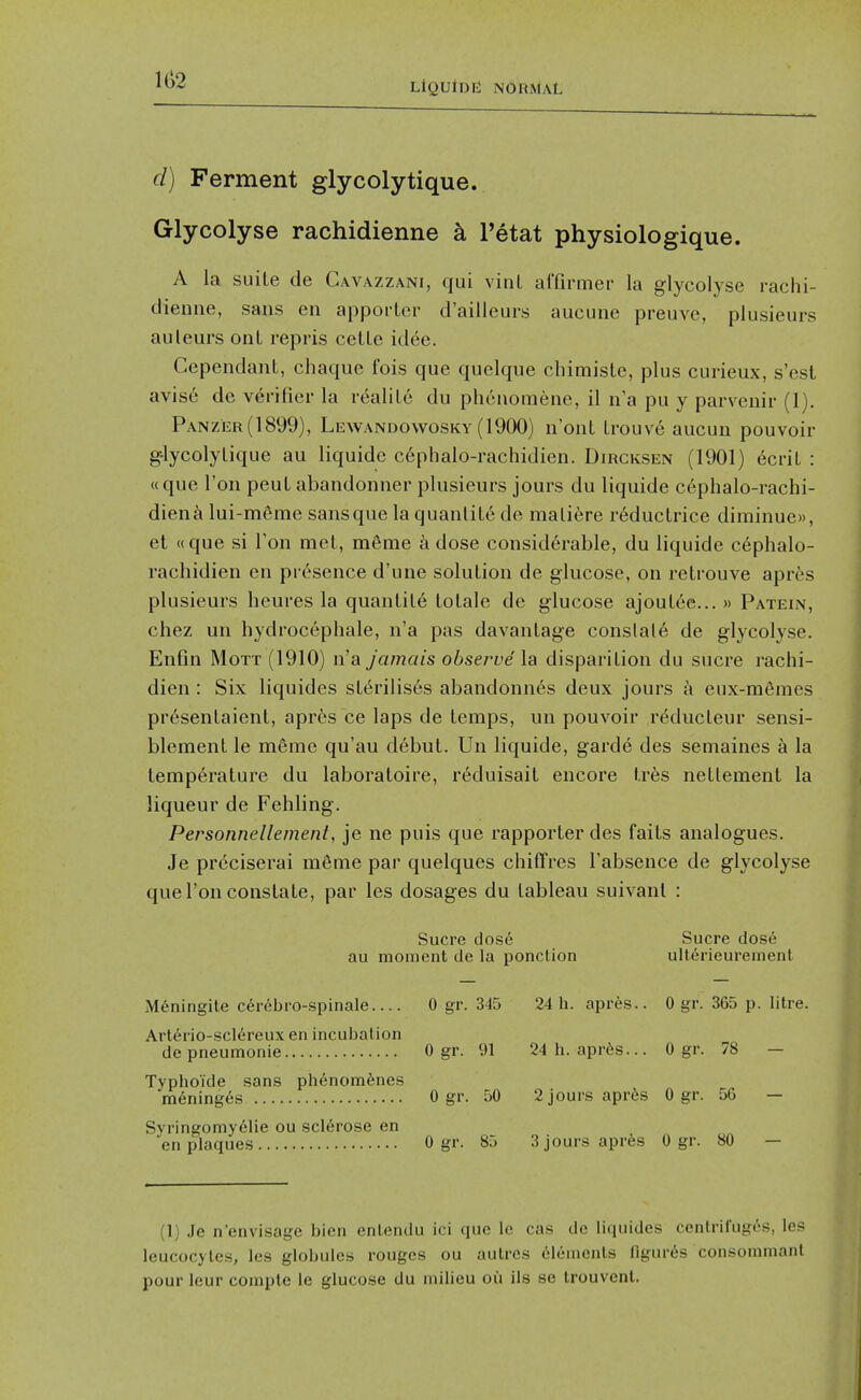 1()2 d) Ferment glycolytique. Glycolyse rachidienne k Petat physiologique. A la suite de Cavazzani, qui vinl affirmer la glycolyse rachi- dienne, sans en apporler d'ailleurs aucune preuve, plusieurs auleurs onl repris cetle idee. CependanL, chaque fois que quelque chimisLe, plus curieux, s'est aviso dc verifier la realiLe du phcnomene, il n a pu y parvenir (1). Panzer (1899), Lewandowosky (1900) n'ont Lrouve aucun pouvoir g-lycolylique au liquide c6phalo-rachidien. Dircksen (1901) 6crit : «que Ton peuL abandonner plusieurs jours du liquide cephalo-rachi- dien^ lui-m6me sansque la quanliLe de mali^re r6ductrice diminue», et «que si Ton met, m6me a dose considerable, du liquide cephalo- rachidien en presence d'une solution de glucose, on retrouve aprfes plusieurs heures la quantite totale de glucose ajout6e... » Patein, chez un hydrocephale, n'a pas davantage conslal6 de glycolyse. Enfin MoTT (1910) n'a jamais observe la disparition du sucre rachi- dien : Six liquides st(^rilises abandonn^s deux jours a eux-m6mes pr6sentaienl, aprf>s ce laps de temps, un pouvoir r^ducleur sensi- blement le m6me qu'au debut. Un liquide, garde des semaines a la temperature du laboratoire, r^duisait encore tr6s nettement la liqueur de Fehling. Personnellement, je ne puis que rapporter des faits analogues. Je preciserai m6me par quelques chiffres I'absence de glycolyse que Ton constate, par les dosages du tableau suivant : Sucre dos6 Sucre dose au moment de la ponction ull6rieuremenl M6ningile c^rebro-spinale 0 gr. 345 24 h. apres.. 0 gr. 365 p. litre. Art6rio-scl6reux en incubation de pneumonic 0 gr. 91 24 h. apr^s... 0 gr. 78 — Typhoide sans phenom^nes m6ning6s 0 gr. 50 2joursapr6s 0 gr. 56 - Syringomyelie ou sclerose en en plaques 0 gr. 85 3joursapr6s 0 gr. 80 — (1) Je n'envisage bien enlendu ici que le cas dc li(|nides centrifugos, les leucocytes, les globules rouges ou auLrcs olemenls figures consonimant pour leur coinple le glucose du milieu ou ils se Irouvent.