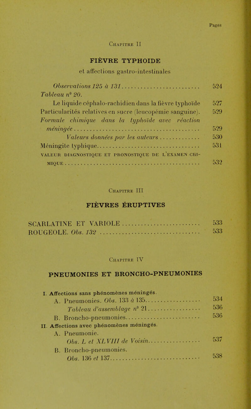 Chapitre II FIEVRE TYPHOIDE et affeclions gaslro-inteslinales Observations 125 a 131 524 Tableau n« 20. Le liquide c^phalo-rachidien dans la fi^vre lyphoide 527 ParlicidariLes relatives en sucre (lencopemic sanguine). 529 Formule chimique dans la tijphoule uvea reaction mining ee 529 Valeurs donnees par les auteurs 530 M^ningile lyphique 531 VALEUR DIAGNOSTIQUE ET PRONOSTIQUE DE l'eXAMEN CHI- MIQUE 532 Chapitre III FIEVRES ifeRUPTIVES SCARLATINE ET VARIOLE 533 ROUGEOLE. Obs. 132 533 Chapitre IV PNEUMONIES ET BRONCHO-PNEUMONIES I. Affections sans ph6nomenes m6ning6s. A. Pneumonies. Obs. 133 a 135 534 Tableau d'assemblage /i 21 536 B. Broncho-pneumonies 536 II. Affections avec ph6nom6nes m6ning6s. A. Pneumonie. Obs. L et XL VI11 de Voisin 537 B. Broncho-pncninonies. 06s. 136 137 ^38