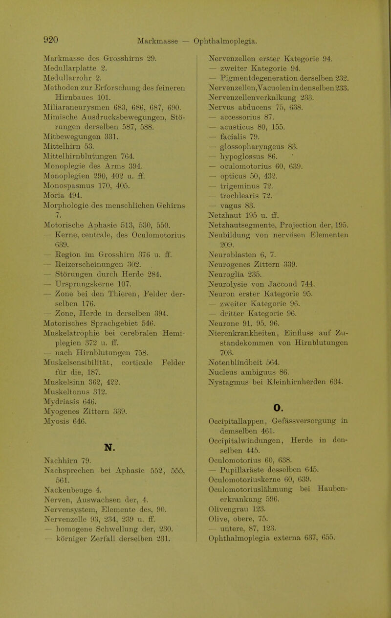 Markmasse des Grosshirns 29. Medullarplatte 2. Medulkirrohr 2. Methoden zur Erforschung des feineren Hirnbaues 101. Miliaraneurysmen 683, 686, 687, 690. Mimische Ausdrucksbewegungen, Stö- rungen derselben 587, 588. Mitbewegungen 331. Mittelhirn 53. Mittelhirnblutungen 761. Monoplegie des Anns 394. Monoplegien 290, 402 u. ff. Monospasmus 170, 405. Moria 494. Morphologie des menschlichen Gehirns 7. Motorische Aphasie 513, 530, 550. Kerne, centrale, des Oculomotorius 639. Region im Grosshirn 376 u. ff. Reizerscheinungen 302. - Störungen durch Herde 284. — Ursprungskerue 107. — Zone bei den Thieren, Felder der- selben 176. - Zone, Herde in derselben 394. Motorisches Sprachgebiet 546. Muskelatrophie bei cerebralen Hemi- plegien 372 u. ff. — nach Hirnblutungen 758. Muskelsensibilität, corticale Felder für die, 187. Muskelsinn 362, 422. Muskeltonus 312. Mydriasis 646. Myogenes Zittern 339. Myosis 646. N. Nachhirn 79. Nachsprechen bei Aphasie 552, 555, 561. Nackenbeuge 4. Nerven, Auswachsen der, 4. Nervensystem, Elemente des, 90. Nervenzelle 93, 234, 239 u. ff. — homogene Schwellung der, 230. körniger Zerfall derselben 231. Nervenzellen erster Kategorie 94. — zweiter Kategorie 94. — Pigmentdegeneration derselben 232. Nervenzellen,Vacuolen in denselben 233. Nervenzellenverkalkung 233. Nervus abducens 75, 638. — accessorius 87. — acusticus 80, 155. — facialis 79. — glossopharyngeus 83. — hypoglossus 86. — oculomotorius 60, 639. — opticus 50, 432. — trigeminus 72. — trochlearis 72. — vagus 83. Netzhaut 195 u. ff. Netzhautsegmente, Protection der. L95. Neubildung von nervösen Elementen 209. Neuroblasten 6, 7. Neurogenes Zittern 339. Neuroglia 235. Neurolysie von Jaccoud 744. Neuron erster Kategorie 95. - zweiter Kategorie 96. — dritter Kategorie 96. Neurone 91, 95. 96. Nierenkrankheiten, Einfluss auf Zu- standekommen von Hirnblutungen 703. Notenblindheit 564. Nucleus ambiguus 86. Nystagmus bei Kleinhirnherden 634. o. Occipitallappen, Gefässversorgung in demselben 461. Occipitalwin düngen, Herde in den- selben 445. Oculomotorius 60, 638. - Pupillaräste desselben 615. Oculomotoriuskerne 60, 639. Oculomotoriuslähmung bei Hauben- erkrankung 596. Olivengrau 123. Olive, obere, 75. untere, 87, 123. Ophthalmoplegia externa 637, 655.