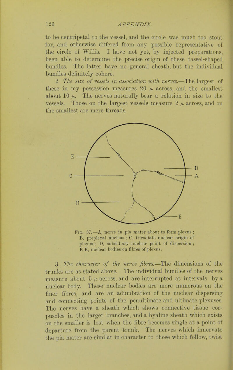 to be centripetal to the vessel, and tlie circle was much too stout for, and otherwise differed from any possible representative of the circle of Willis. I have not yet, by injected preparations, been able to determine the precise origin of these tassel-shaped bundles. The latter have no general sheath, but the individual bundles definitely cohere. 2. The, size of vessels in association ivitli nerves.—The largest of these in my possession measures 20 /x across, and the smallest about 10 /X. The nerves naturally bear a relation in size to the vessels. Those on the largest vessels measure 2 /x across, and on the smallest are mere threads. Fig. 37.—A, nerve in pia mater about to form plexus ; B. preplexal nucleus ; C, triradiate nuclear origin of plexus ; D, subsidiary nuclear point of dispersion ; E E, nuclear bodies on fibres of jDlexus. 3. The character of the nerve fibres.—The dunensions of the trunks are as stated above. The individual bundles of the nerves measure about '5 /x across, and are interrupted at intervals by a nuclear body. These nuclear bodies are more numerous on the finer fibres, and are an adumbration of the nuclear dispersing and connecting points of the penultimate and ultimate plexuses. The nerves have a sheath which shows connective tissue cor- puscles in the larger branches, and a hyaline sheath which exists on the smaller is lost when the fibre becomes single at a point of departure from the parent trunk. The nerves which innervate the pia mater are similar in character to those which follow, twist