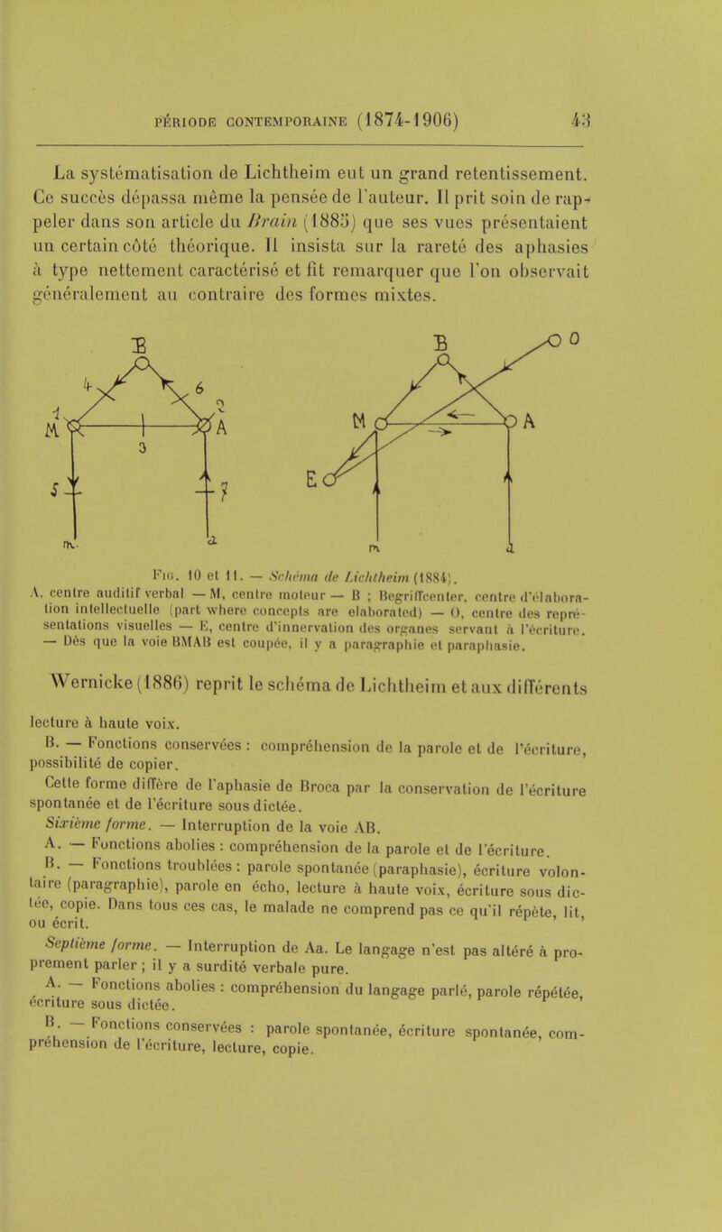 La systématisation de Lichtheim eut un grand retentissement. Ce succès dépassa même la pensée de l'auteur. II prit soin de rap- peler dans son article du Brain (188o) que ses vues présentaient un certain côté théorique. 11 insista sur la rareté des aphasies à type nettement caractérisé et fit remarquer que Ton observait généralement au contraire des formes mixtes. th.. Fie. 10 et H. — Schéma de Uc/u/ieim . A. centre auditif verbal —M, centre moteur — B ; Begrillcenter, centre d'élabora- tion intellectuelle (part where concepts are elaborated) — 0, centre des repré- sentations visuelles — E, centre d'innervation des organes servant à l'écriture. — Dès que la voie BMAB est coupée, il y a paragraphe et paraphasie. Wernicke (1886) reprit le schéma de Lichtheim et aux différents lecture à haute voix. B. — Fonctions conservées : compréhension de la parole et de l'écriture, possibilité de copier. Cette forme diffère de l'aphasie de Broca par la conservation de l'écriture spontanée et de l'écriture sous dictée. Sixième forme. — Interruption de la voie AB. A. — Fonctions abolies : compréhension de la parole et de l'écriture. B. — Fonctions troublées: parole spontanée (paraphasie), écriture volon- taire (paragraphe), parole en écho, lecture à haute voix, écriture sous dic- tée, copie. Dans tous ces cas, le malade ne comprend pas ce qu'il répète lit ou écrit. ' ' Septième /orme. - Interruption de Aa. Le langage n'est pas altéré à pro- prement parler ; il y a surdité verbale pure. A. - Fonctions abolies : compréhension du langage parlé, parole répétée écriture sous dictée. ' B - Fonctions conservées : parole spontanée, écriture spontanée, com- préhension de l'écriture, lecture, copie.