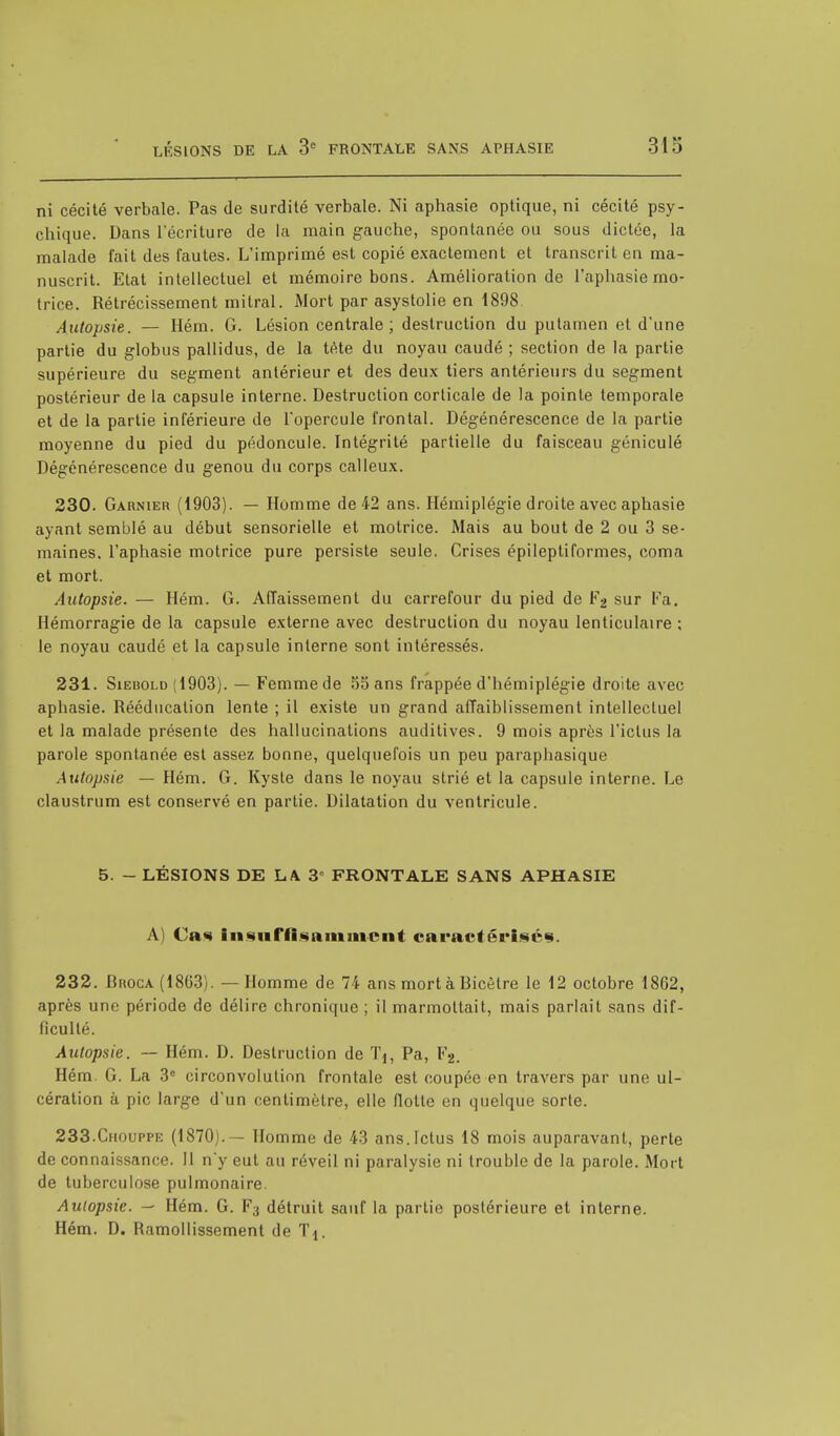 ni cécité verbale. Pas de surdité verbale. Ni aphasie optique, ni cécité psy- chique. Dans récriture de la main gauche, spontanée ou sous dictée, la malade fait des fautes. L'imprimé est copié exactement et transcrit en ma- nuscrit. Etat intellectuel et mémoire bons. Amélioration de l'aphasie mo- trice. Rétrécissement mitral. Mort par asystolie en 1898 Autopsie. — Hem. G. Lésion centrale; destruction du putamen et d'une partie du globus pallidus, de la téte du noyau caudé ; section de la partie supérieure du segment antérieur et des deux tiers antérieurs du segment postérieur de la capsule interne. Destruction corticale de la pointe temporale et de la partie inférieure de l'opercule frontal. Dégénérescence de la partie moyenne du pied du pédoncule. Intégrité partielle du faisceau géniculé Dégénérescence du genou du corps calleux. 230. Garnier (1903). — Homme de 42 ans. Hémiplégie droite avec aphasie ayant semblé au début sensorielle et motrice. Mais au bout de 2 ou 3 se- maines, l'aphasie motrice pure persiste seule. Crises épileptiformes, coma et mort. Autopsie. — Hém. G. Affaissement du carrefour du pied de F2 sur Fa. Hémorragie de la capsule externe avec destruction du noyau lenticulaire ; le noyau caudé et la capsule interne sont intéressés. 231. Siebold (1903). — Femme de 55 ans frappée d'hémiplégie droite avec aphasie. Rééducation lente ; il existe un grand affaiblissement intellectuel et la malade présente des hallucinations auditives. 9 mois après l'ictus la parole spontanée est assez bonne, quelquefois un peu paraphasique Autopsie — Hém. G. Kyste dans le noyau strié et la capsule interne. Le claustrum est conservé en partie. Dilatation du ventricule. 5. - LÉSIONS DE LA. 3 FRONTALE SANS APHASIE A) Cas insuffisamment caractérisés. 232. Bhoca(1863). — Homme de 74 ans mort à Bicètre le 12 octobre 1862, après une période de délire chronique ; il marmottait, mais parlait sans dif- ficulté. Autopsie. — Hém. D. Destruction de Tj, Pa, F2. Hém. G. La 3e circonvolution frontale est coupée en travers par une ul- cération à pic large d'un centimètre, elle flotte en quelque sorte. 233. Chouppe (1870).— Homme de 43 ans. Ictus 18 mois auparavant, perte de connaissance. 11 n'y eut au réveil ni paralysie ni trouble de la parole. Mort de tuberculose pulmonaire. Autopsie. — Hém. G. F3 détruit sauf la partie postérieure et interne. Hém. D. Ramollissement de Tj.