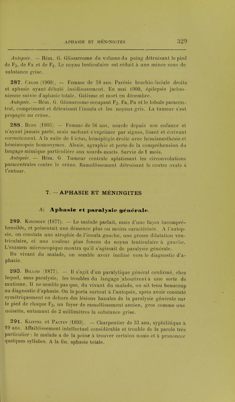 Autopsie. — Hém. G. Gliosarcome du volume du poing- détruisant le pied de F3, de Fa et de F2. Le noyau lenticulaire est réduit à une mince zone de substance grise. 287. Ciclos (1900). — Femme de 58 ans. Parésie brachio-faciale droite et aphasie ayant débuté insidieusement. En mai 1900, épilepsie jackso- nienne suivie d'aphasie totale. Gâtisme et mort en décembre. Autopsie. — Hém. G. Gliosarcome occupant F3. Fa, Pa et le lobule paracen- tral, comprimant et détruisant l'insula et les noyaux gris. La tumeur s'est propagée au crâne. 288. Bunu (1903). — Femme de 56 ans, sourde depuis son enfance eL n'ayant jamais parlé, mais sachant s'exprimer par signes, lisant et écrivanl correctement. A la suite de 4- ictus, hémiplégie droite avec hémianesthésie et hémianopsie homonymes. Alexie, agraphie et perte de la compréhension du langage mimique particulière aux sourds-muets. Survie de 1 mois. Autopsie. — Hém. G. Tumeur centrale aplatissant les circonvolutions paracentrales contre le crâne. Ramollissement détruisant le centre ovale à Fentour. 7. — APHASIE ET MÉNINGITES A) Aphasie et paralysie générale. 289. Kirchoff (1877). — Le malade parlait, mais d'une façon incompré- hensible, et présentait une démence plus ou moins caractérisée. A l'autop- sie, on constata une atrophie de l'insula gauche, une grosse dilatation ven- ti iculaire, et une couleur plus foncée du noyau lenticulaire à gauche. L'examen microscopique montra qu'il s'agissait de paralysie générale. Du vivant du malade, on semble avoir incliné vers le diagnostic d'a- phasie. 290. Bili.od (1877). — 11 s'agit d'un paralytique général confirmé, chez lequel, sans paralysie, les troubles du langage [aboutirent à une sorte de mutisme. Il ne semble pas que, du vivant du malade, on ait tenu beaucoup au diagnostic d'aphasie. On le porta surtout à l'autopsie, après avoir constaté symétriquement en dehors des lésions banales de la paralysie générale sur le pied de chaque F3, un foyer de ramollissement ancien, gros comme une noisette, entamant de 2 millimètres la substance grise. 291. Klippel et Pactet (1893). — Charpentier de 33 ans, syphilitique à 19 ans. Affaiblissement intellectuel considérable et trouble de la parole très particulier: le malade a de la peine à trouver certains noms et à prononcer quelques syllabes. A la fin, aphasie totale.