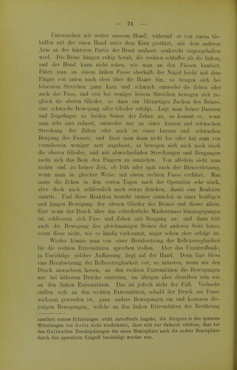 UnterSnellen wir weilci- iinscM'en Ilimd. wiilirend er von cinem Ge- hiilfcn niit der einon Hand uutcr dcm Kinn gestiitzt, rait dem anderen Arm an der liinteren Partie der Brust urafasst. senkreclit emporgohallen wicd. Die Beine haugon ruhig herab, die rechten schlaffer als die link en, iind del- Hund kann niclit selien, wic man an den Fiissen hantiert. Fahrt man an einem linken Fusse oberhalb der Nagel leiclit mit dem Finger von unten nach oben iiber die Haare bin, so beugen sich bei leisestem Streicben ganz kurz und scbwacli entweder die Zeben oder aueb der Fuss, und erst bei weniger leisem Streicben bewegen sich zur gleicb die oberen Glieder, so dass ein blitzartiges Zucken des Beines, eine schwacbe Bewegung aller Glieder erfolgl. Legt man ferner Daumen und Zeigefinger zu beiden Seiten der Zeben an, so kommt es, wenn man sehr zart zufasst, entweder nur zu einer kurzen und scbwacben Streckung der Zeben oder aucli zu einer kurzen und scbwacben Beugung des Fusses; und liisst man dann nicht los oder bat man von vornelierein weniger zart zugefasst, so bewegen sich auch noch stark die oberen Glieder, und rait abwecbselnden Sireckungen und Beugungen suclit sich das Bein den. Fingerii zu entziehcn. Von alledera siebt man nicbts und zu keiner Zeit, ob friib oder spat nach der Hirnverletzung, wenn man in gleiciier Weise mit einem rechten Fusse verfabrt. Man muss die Zeben in den ersten Tagen nacb der Operation sehr stark, aber doch auch schliesslicb noch etwas driicken. damit eine Reaktion eintritt. Und diese Reaktion bcstebt iramer zuniichst in einer kraftigcn und langen Bewegung der oberen Glieder des Beines und dieser allein. lirst wenn der Druck iiber das erforderliche Mindcstraass hinausgegangen ist, schliessen sich Fuss und Zeben rait Beugung an; und dami tritt audi die Bewegung des gleichnaraigen Beines der anderen Seite hinzii, wenn diese nicht, wie es haufig vorkoranit, sogar schon eher ei-folgt ist. Wieder kiinntt^ man von einei' Herabsetzung der Reflexerrcgbarkeit fiir die recliten Extremitiiten spreclien wollen. Aber das Unzutreffende, ja Unrichtige soldier Auffassung liegt auf der Hand. Dcnn lage bloss eine Herabsetzung der Reflexerregbarkeit vor, so miissten, wenn wir den Druck anwachsen lassen, an den rechten Extremitaten die Bewegiingen nur bei hoberem Drucke eintreten, iin iibrigen aber dieselben sein wie an den linken Extremitaten. Das ist jedoch nicht der Fall. Viclraehr stellen sich an den rechten Extremitaten, sobald der Druck am Fusse wirksam geworden ist, ganz andere Bewegungcn ein und kommeu die- jenigen Bewegungen, welche an den linken Extremitaten der Beriibrung samtheit meiner Erfahrungen nicht zutreffende Angabe, die iibrigens in den spiiteren Mitteilungen von Goltz nicht wioderkehrt, lasst sich nur dadurch erklaren, dass bei den Goltzschen Durchspiilungen der einen Hemisphare auch die andere Hemisphare durch den operativen Eingriff beschiidigt worden war.