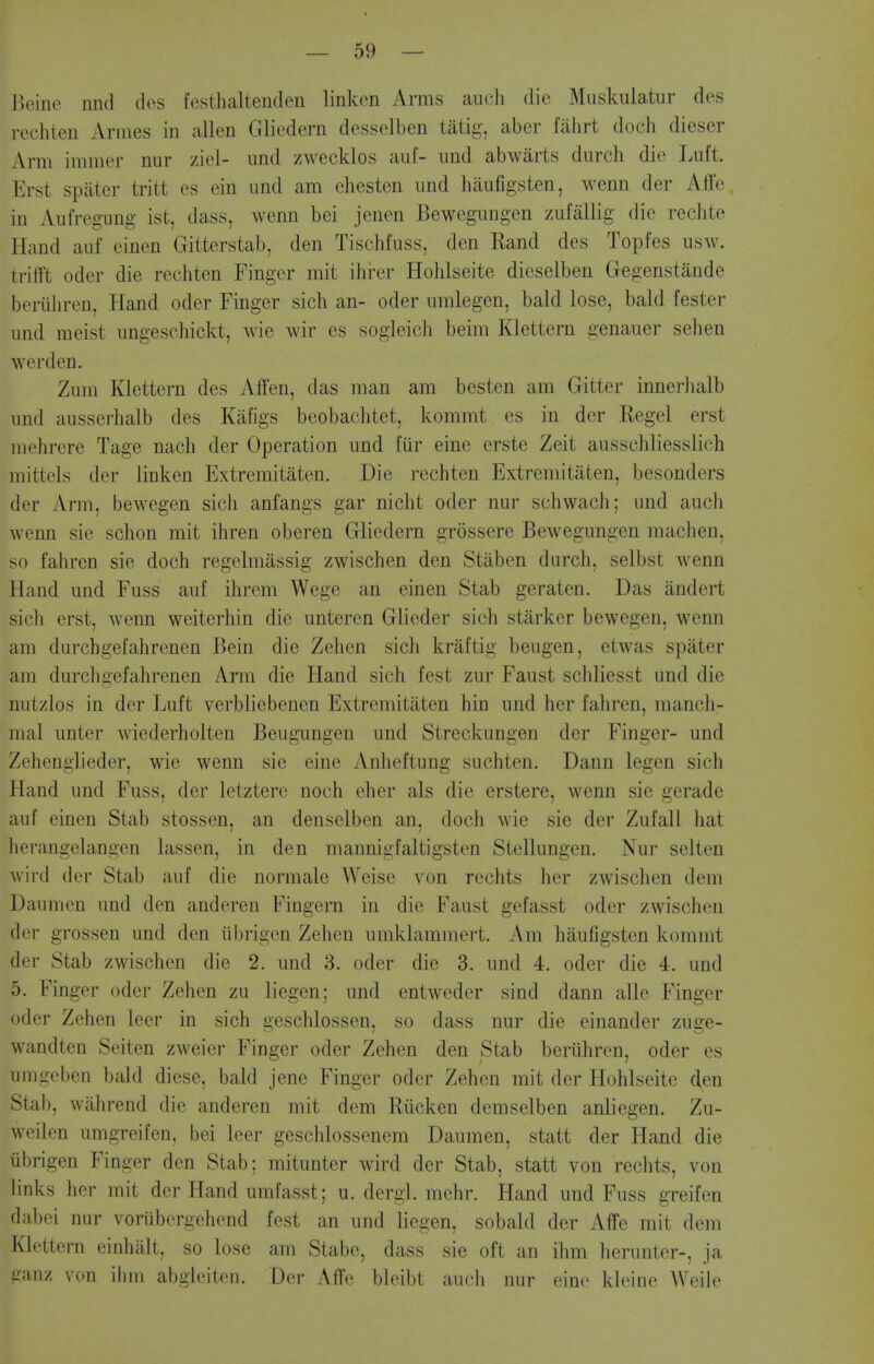 lieine nnd des festhaltenden linkon Arms audi die Miiskulatur des rechten Arines in alien Gliedern desselben taiig, aber falirt doch dieser Arm immer nur ziei- und zwecklos atif- imd abwiirts durch die Luft. Erst spiiter tritt es ein und am ehesten und hiiufigsten, wcnn der Affe in Aufregung ist, dass, wenn bei jenen Bewegimgen zufiillig die rechte Hand auf cinen Gitterstab, den Tischfuss, den Rand des Topfes usw. trifft oder die rechten Finger mit ihrer Hohlseite dieselben Gegenstande beriiliren, Hand oder Finger sich an- oder umlegen, bald lose, bald fester und meist ungeschickt, wie wir es sogleich beim Klettern genaiier sehen werden. Zum Klettern des Affen, das man am besten am Gitter innerlialb und ausserhalb des Kafigs beobachtet, kommt es in der Regel erst mehrere Tage nacli der Operation und fur eine erste Zeit ausschliesslich mittels der linken Extremitaten. Die rechten Extremitiiten, besonders der Arm, bewegen sich anfangs gar nicht oder nur schwach; und auch wenn sie schon mit ihren oberen Gliedern grossere Bewegungen machen, so fahren sie doch regelmassig zwischen den Staben durch, selbst wenn Hand und Fuss auf ihrcm Wege an einen Stab geraten. Das andert sich erst, wenn weiterhin die unteren Glieder sich starker bewegen, wenn am durchgefahrenen Bein die Zehen sich kraftig beugen, etwas spater am durchgefahrenen Arm die Hand sich fest zur Faust schliesst und die nutzlos in der Luft verbiiebenen Extremitaten hin und her fahren, manch- mal unter wiederholten Beugungen und Streckungen der Finger- und Zehenglieder, wie wenn sie eine Anheftung suchten. Dann legen sich Hand und Fuss, der letztere noch eher als die erstere, wenn sie gerade auf einen Stab stossen, an denselben an, doch wie sie der Zufall hat herangelangen lassen, in den mannigfaltigsten Stellungen. Nur selten wird der Stab auf die normale Weise von rechts her zwischen dem Daumen und den anderen Fingem in die Faust gefasst oder zwischen der grossen und den ilbrigen Zehen umklammert. Am hiiufigsten kommt der Stab zwischen die 2. und 3. oder die 3. und 4. oder die 4. und 5. Finger oder Zehen zu liegen; und entweder sind dann alle Finger oder Zehen leer in sich geschlossen, so dass nur die einander zuge- wandten Seiten zweicr Finger oder Zehen den Stab beriihren, oder es umgeben bald diese, bald jene Finger oder Zehen mit der Hohlseite (^en Stab, wahrend die anderen mit dem Riicken demselben anliegen. Zu- weilen umgreifen, bei leer geschlossenem Daumen, statt der Hand die iibrigen Finger den Stab; mitunter wird der Stab, statt von rechts, von links her mit der Hand umfasst; u. dergl. mehr. Hand und Fuss greifen dabei nur vorubergehend fest an und liegen, sobald der Affe mit dem Klettern einhalt, so lose am Stabc, dass sie oft an ihm herunter-, ja ganz von iiiin abgleiten. Der Affe bleibt auch nur eino kloine Weile