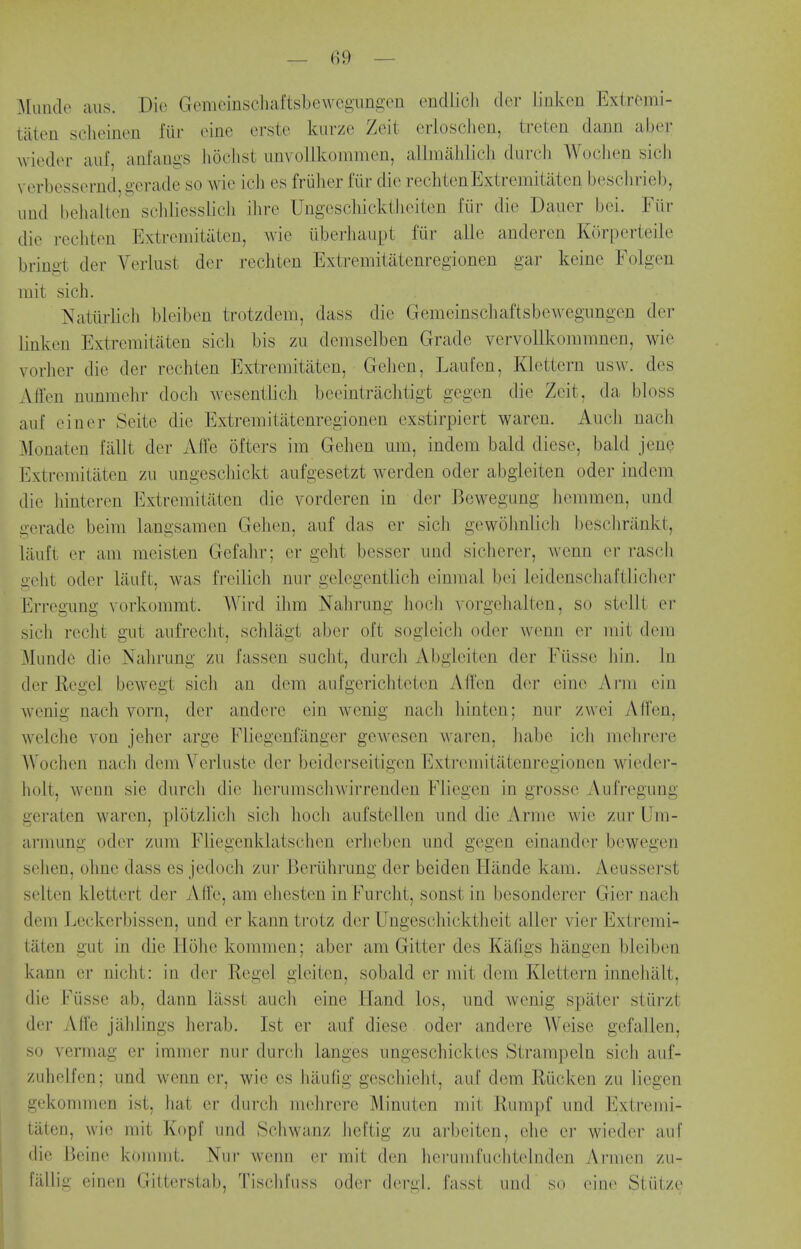 Mimde aus. Die Gemeinschaftsbewcgungcn encllicli dor Jinken Extremi- tatcn sclieinen fiir cine erste kiirzc Zeit crlosclien, treten dann aber w iedor aui, anfaugs lioclist imvollkommen, alliiiahlicli diircli Woclien sich verbesseriid,gerade so wie ich es friiher fiir die rechtenExtremiiaten besclirieb, imd beJialten schliesslicli ilire UngescliicktJieiten fiir die Dauer bei. Fiir die rechten Extreniitatcn, wie iibei-liaupt fiir aile anderen Kiirperteile brino-t der Verlust der rechten Extremitatenregionen gar keinc Folgen mit sich. Natiirlich bleiben trotzdem, dass die Gemeinscliaftsbewegiingen der linkou Extremitaten sicli bis zu demselben Grade vervoilkommnen, wie vorher die der rechten Extremitaten, Gelien, Laufen, Klettern usw. des Affen niinraelir doch wesentlich beeintriichtigt gegen die Zeit, da bloss auf einer Seite die Extremitatenregionen exstirpiert waren. Audi nach Monaten fallt dor Alfe ofters im Gehen urn, indem bald diese, bald jene Extremitaten zii imgeschickt aufgesetzt werden oder abgleiten oder indem die liinteren Extremitaten die vorderen in der Bewegung hemmen, und gerade beim langsamen Gehen, auf das er sich gewolmlicli beschriinkt, lauft er am meisten Gefalir; er geht besser und sicherer, wenn er rasch i:eht oder lauft, was freilich niir gelegentlich einmal bei leidenschaftlicher Erregung vorkommt. Wird ihm Nahrung hoch yorgehalten, so stellt er sich recht gut aufreclit, schliigt aber oft sogieicli oder wenn er mit dem Munde die Nahrung zu fassen sucht, durcli Abgleiten der Fiisse Jiin. Jn tier Kegel bewegt sicli an dem aufgericliteten Afl'en der eine Arm ein wenig nach vorn, der andere ein wenig nach liinten; nur zwei Affen, welche von jeher arge Fliegenfilnger gewesen waren, liabe icli mehrej-e AVochen nach dem Verluste der beiderseitigen Extremitatenregionen wneder- holt, wenn sie durcli die lierumscliwirrenden Fliegen in grosse Aufregung geraten waren, piijtzlich sich hocli aufstellen und die Armo Avie zur Uni- armung oder zum Fliegenklatschen erheben und gegen einander bewegen sehen, ohnc dass es jedoch /ur IJeriihrung der beiden Hiinde kam. Aeusserst seltcn klettert der Affe, am ehesten in Furcht, sonst in besonderer Gier nach dem Leckerbissen, und er kann trotz der Ungeschicktheit aller vier Extremi- taten gut in die liohe kommen; aber am Gitter des Kafigs hangen bleiben kann er nicht: in der Kegel gieiten, sobald er mit dem Klettern innehalt, die Fiisse ab, dann liisst audi eine Hand los, und wenig spater stiirzt der Alfe jahlings herab. 1st er auf diese oder andere Weise gefalien, so vermag er immer nur durch langes ungeschicktes Strampeln sich auf- zuhelfen; und wenn er, wie es hiiufig geschieht, auf dem Riicken zu liegen gekommen ist, hat er durch mehrere Minuten mit Rumpf und Extremi- taten, wie mit Kopf und Schwanz heftig zu arbeiten, ehe er wieder aul die Bcine koniint. Nur wenn er mit den hei'umfuditeluden Armen /u- fiillig einen Gitterstab, Tisclifuss oder dergl. fasst und so eine StiiLze