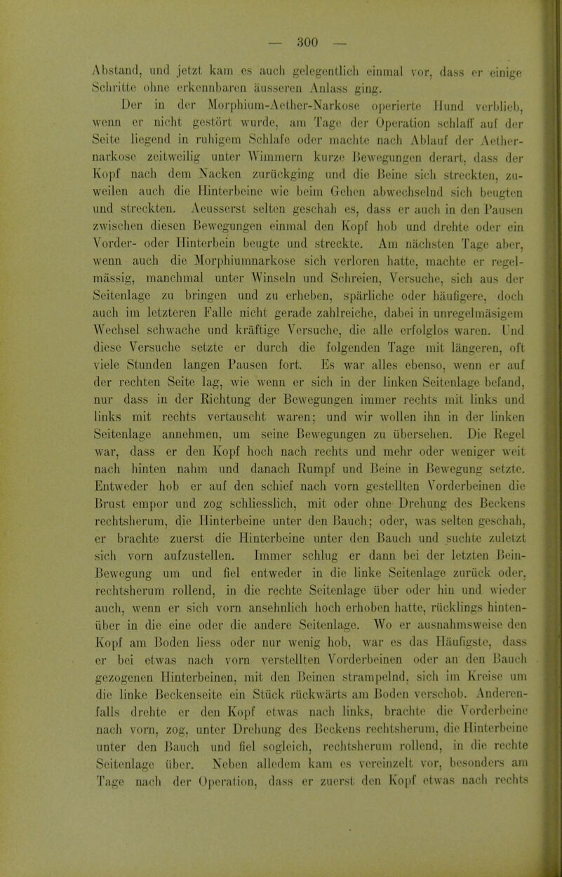 Abstand, und jetzt kam cs audi gelcgcntlich einmal noi-, duss cr oinige Scliritio olinc cu'kcnnbarcn ausseren Anlass ging. Dor in dor Morphium-Actlicr-Narkose operierLc iiuud verbJieb, wcnii cr nicht gcstort wurdc, am Tagc dcr Operation sciilaff auf der Scite liegend in ruliigcm Sclilafe oder macliic nacli AbJauf der Aetlier- narkoso zeitwcilig untcr VVimmern kurze Jiewegungen derart, dass der Kopf nacli dem Nackon zuruckging und die J3eine sicli streckten, zu- weiien audi die Hinterbeine wie beim Gehen abwedisclnd sidi beugten und. streckten. Aeusscrst selten geschali es, dass er audi in den Pausen zwisdien diesen Bewegungen einmal den Kopf hob und drehte oder ein Vorder- oder Hinterbein beugte und strecktc. Am nadisten Tage abcr, wenn audi die Morphiumnarkose sich verloren hatte, raachte er regel- miissig, mandimal unter Winseln und Sohreien, Versudie, sidi aus der Seitenlage zu bringen und zu erheben, sparliche oder hiiufigere, dodi auch im letzteren Falle nidit gerade zahireidie, dabei in unregelmiisigem Wedisel sdiwache und kraftigc Versudie, die alie erfolglos waren. Und diese Versudie setzte er durch die folgenden Tage mit langeren, oft viele Stunden langen Pausen fort. Es war alles ebenso, wenn er auf der rediten Seite lag, wie wenn er sich in der linken Seitenlage befand, nur dass in der Richtung der Bewegungen imnier rechts mit links und links mit rechts vertausclit waren; und wir woUen ihn in der linken Seitenlage annehmen, um seine Bew^egungen zu iibersehen. Die Kegel war, dass er den Kopf hoch nach rechts und mehr oder weniger weit nach hinten nahm und danach Rumpf und Beine in Bewegung setzte. Entweder hob er auf den schief nach vorn gestellten Vorderbeinen die Brust empor und zog schliesslich, mit oder ohne Dreliung des Beckens rechtsheruiii, die Hinterbeine unter den Bauch; oder, was selten geschah, er bradite zuerst die Hinterbeine unter den Bauch und suchte zuletzt sich vorn aufzustellen. Immcr schlug er dann bei der letzten Bein- Bewegung um und fiel entweder in die linke Seitenlage zuriick oder. rechtsherum rollend, in die rechte Seitenlage iiber oder hiu und wieder auch, wenn er sich vorn ansehnlich lioch erhoben hatte, riicklings hinten- iiber in die eine oder die andere Seitenlage. Wo er ausnahmsweise den Kopf am Bodcn liess oder nur wenig liob, war es das Ilaufigste, dass er bei etwas nach vorn verstellten A^orderbeinen oder an den liauch gezogenen Hinterbcinen, mit den Beinen strampelnd, sich im Krcise um die linke Beckenseite ein Stiick riickwiirts am Boden verscliob. Anderen- falls drehte er den Kopf etwas nadi links, brachte die Vorderbeine nacli vorn, zog, unter Dreliung des Beckens rechtsherum, die Hinterbeine unter den Bauch und fiel soglcich, rechtsherum rollend, in die rechte Seitenlage liber. Neben alledem kam es vereinzclt vor, besouders am Tage nach der Operation, dass er zuerst den Kopf etwas nach rechts