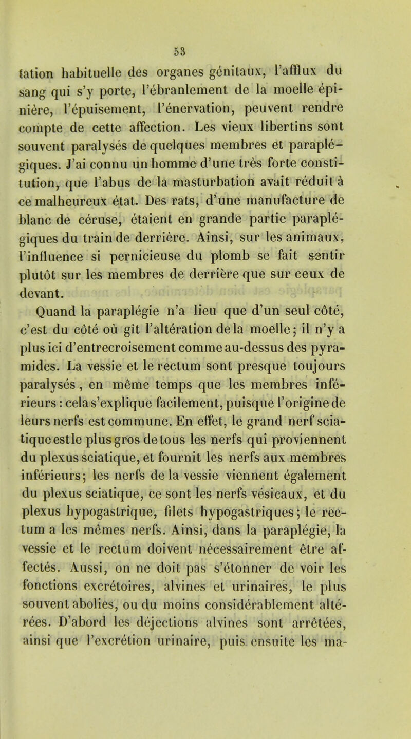 iation habituelle des organes genitaux, I'afflux du sang qui s'y porte, l'ebranlement de la moelle epi- niere, l'epuisement, Innervation, peuvent rendre compte de cette affection. Les vieux libertins sont souvent paralyses de quelques membres et paraple- giques. J'ai connu un homme d'une tres forte consti- tution, que Tabus de la masturbation avait reduil a cemalheureux etat. Des rats, d'une manufacture de blanc de ceruse, etaient en grande partie paraple- giques du train de derriere. Ainsi, sur lesanimaux, I'influence si pernicieuse du plomb se fait sentir plutot sur les membres de derriere que sur ceux de devant. Quand la paraplegie n'a lieu que d'un seul cote, c'est du cote ou git l'alteration dela moelle; il n'y a plus ici d'entrecroisement comrae au-dessus des pyra- mides. La vessie et le rectum sont presque toujours paralyses, en meme temps que les membres infe- rieurs: celas'explique facilement, puisque l'originede leursnerfs est commune. En effet, le grand nerf scia- tiqueestle plusgros detous les nerfs qui proviennent du plexus sciatique, et fournit les nerfs aux membres inferieurs; les nerfs de la vessie viennent egalement du plexus sciatique, ce sont les nerfs vesicaux, et du plexus hypogastrique, fdets hypogastriques; le rec- tum a les memes nerfs. Ainsi, dans la paraplegie, la vessie et le rectum doivent necessairement etre af- fectes. Aussi, on ne doit pas s'etonner de voir les fonctions excretoires, alvines el urinaires, le plus souvent abolies, oudu moins considerablement alte- rees. D'abord les dejections alvines sont arretees, ainsi que 1'excretion urinaire, puis ensuite les ma-