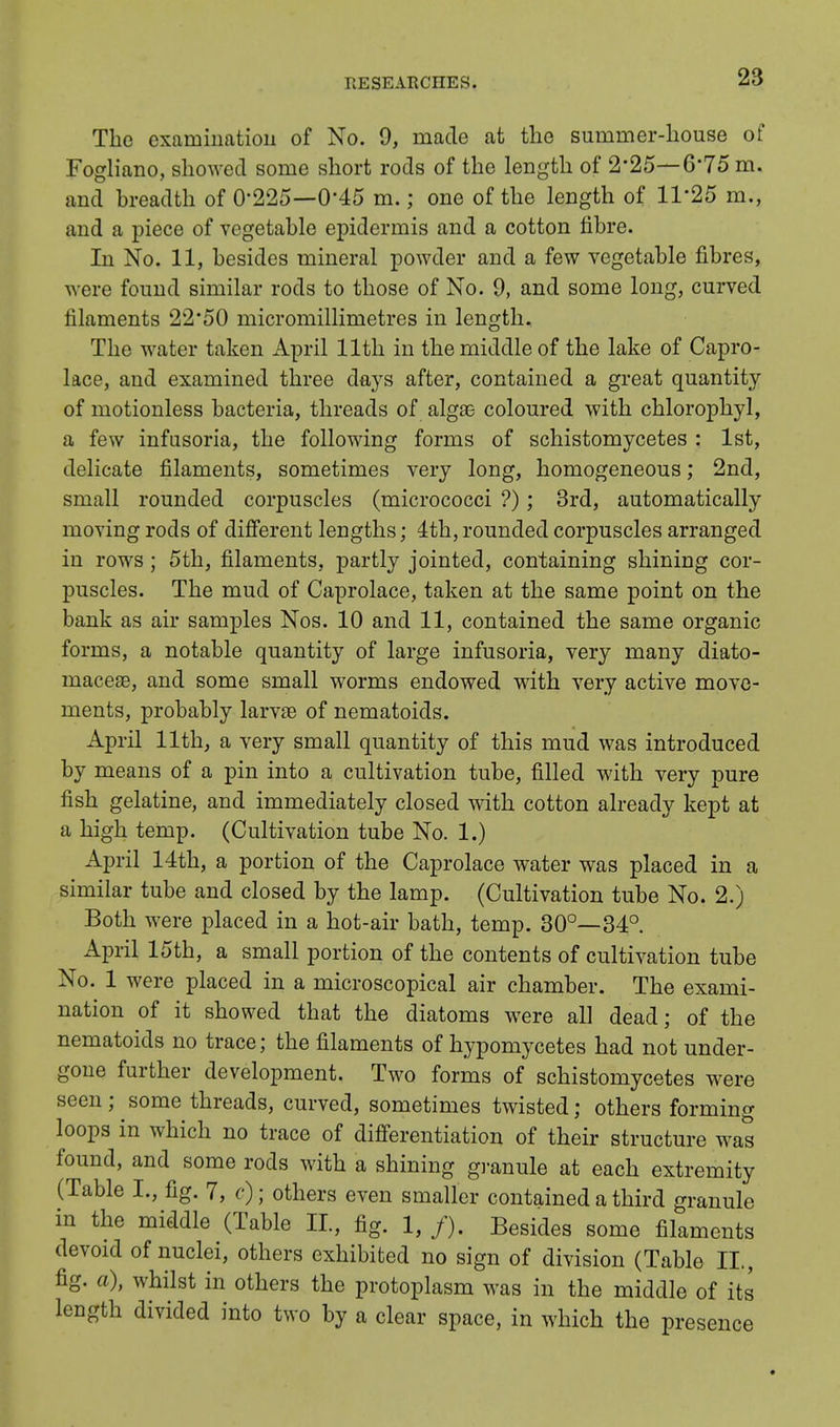 The examination of No. 9, made at the summer-house of Fogliano, showed some short rods of the length of 2*25—6*75 m. and breadth of 0*225—0'45 m.; one of the length of 11*25 m., and a piece of vegetable epidermis and a cotton fibre. In No. 11, besides mineral powder and a few vegetable fibres, were found similar rods to those of No. 9, and some long, curved filaments 22*50 micromillimetres in length. The water taken April 11th in the middle of the lake of Capro- lace, and examined three days after, contained a great quantity of motionless bacteria, threads of algas coloured with chlorophyl, a few infusoria, the following forms of schistomycetes : 1st, delicate filaments, sometimes very long, homogeneous; 2nd, small rounded corpuscles (micrococci ?); 3rd, automatically moving rods of different lengths; 4th, rounded corpuscles arranged in rows; 5th, filaments, partly jointed, containing shining cor- puscles. The mud of Caprolace, taken at the same point on the bank as air samples Nos. 10 and 11, contained the same organic forms, a notable quantity of large infusoria, very many diato- maceaB, and some small worms endowed with very active move- ments, probably larva? of nematoids. April 11th, a very small quantity of this mud was introduced by means of a pin into a cultivation tube, filled with very pure fish gelatine, and immediately closed with cotton already kept at a high temp. (Cultivation tube No. 1.) April 14th, a portion of the Caprolace water was placed in a similar tube and closed by the lamp. (Cultivation tube No. 2.) Both were placed in a hot-air bath, temp. 30°—34°. April 15th, a small portion of the contents of cultivation tube No. 1 were placed in a microscopical air chamber. The exami- nation of it showed that the diatoms were all dead; of the nematoids no trace; the filaments of hypomycetes had not under- gone further development. Two forms of schistomycetes were seen ; some threads, curved, sometimes twisted j others forming loops in which no trace of differentiation of their structure was found, and some rods with a shining granule at each extremity (Table I., fig. 7, c); others even smaller contained a third granule in the middle (Table II., fig. 1, f). Besides some filaments devoid of nuclei, others exhibited no sign of division (Table II, fig. a), whilst in others the protoplasm was in the middle of its length divided into two by a clear space, in which the presence